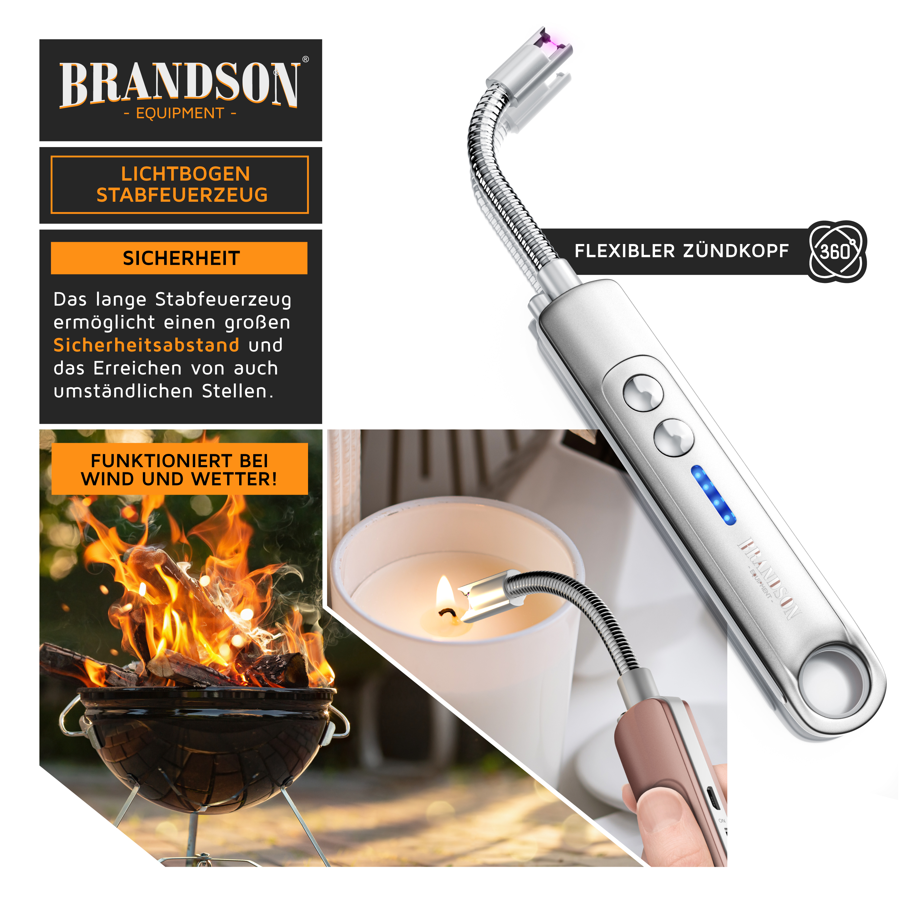 Brandson Lichtbogen-Stabfeuerzeug mit flexiblem Zündkopf, silbernem Gehäuse und Bedienfeld zur einfachen Handhabung.