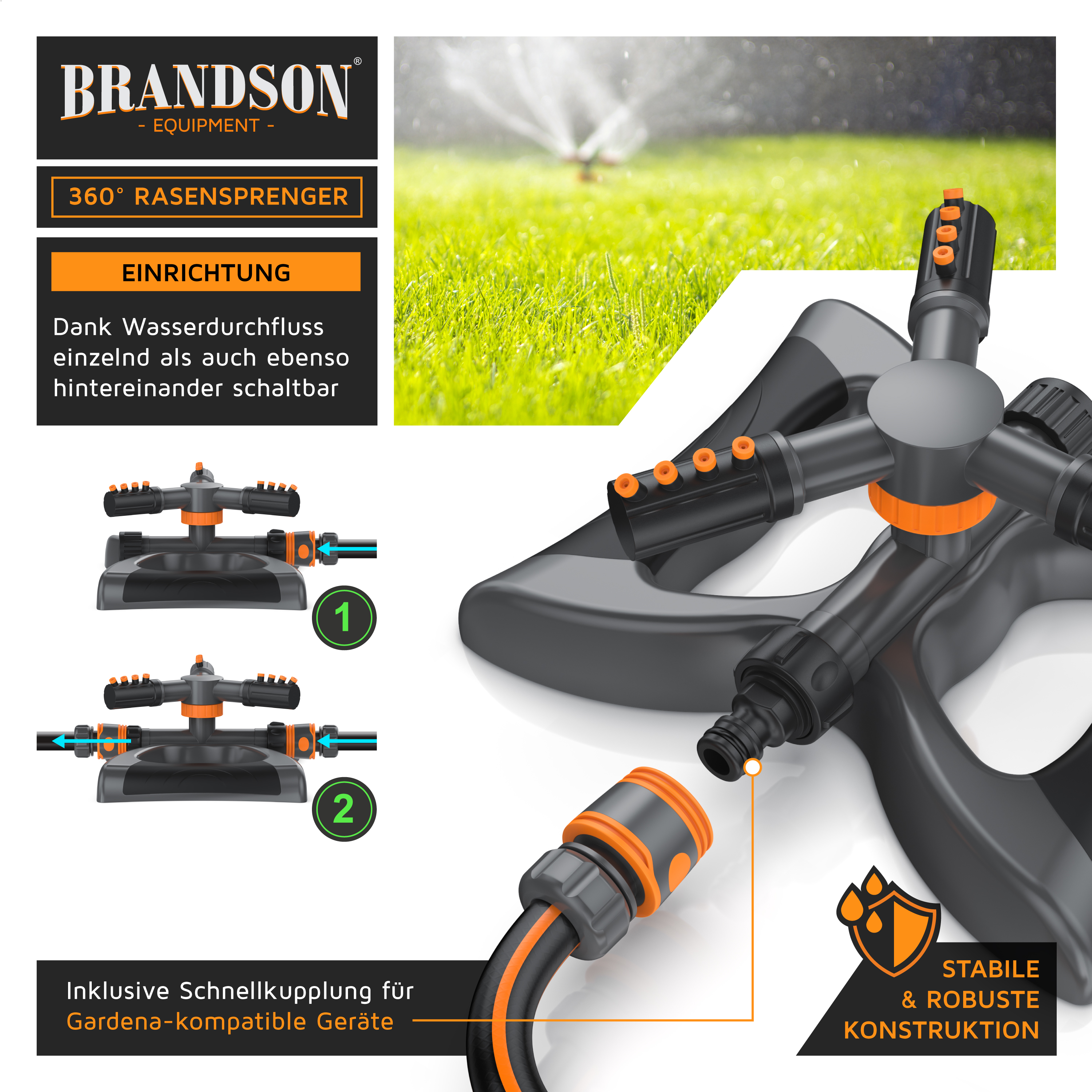 Brandson 360° Rasensprenger mit stabiler Bauform, orangefarbenen Akzenten und Schnellkupplung für Gardena-kompatible Geräte.