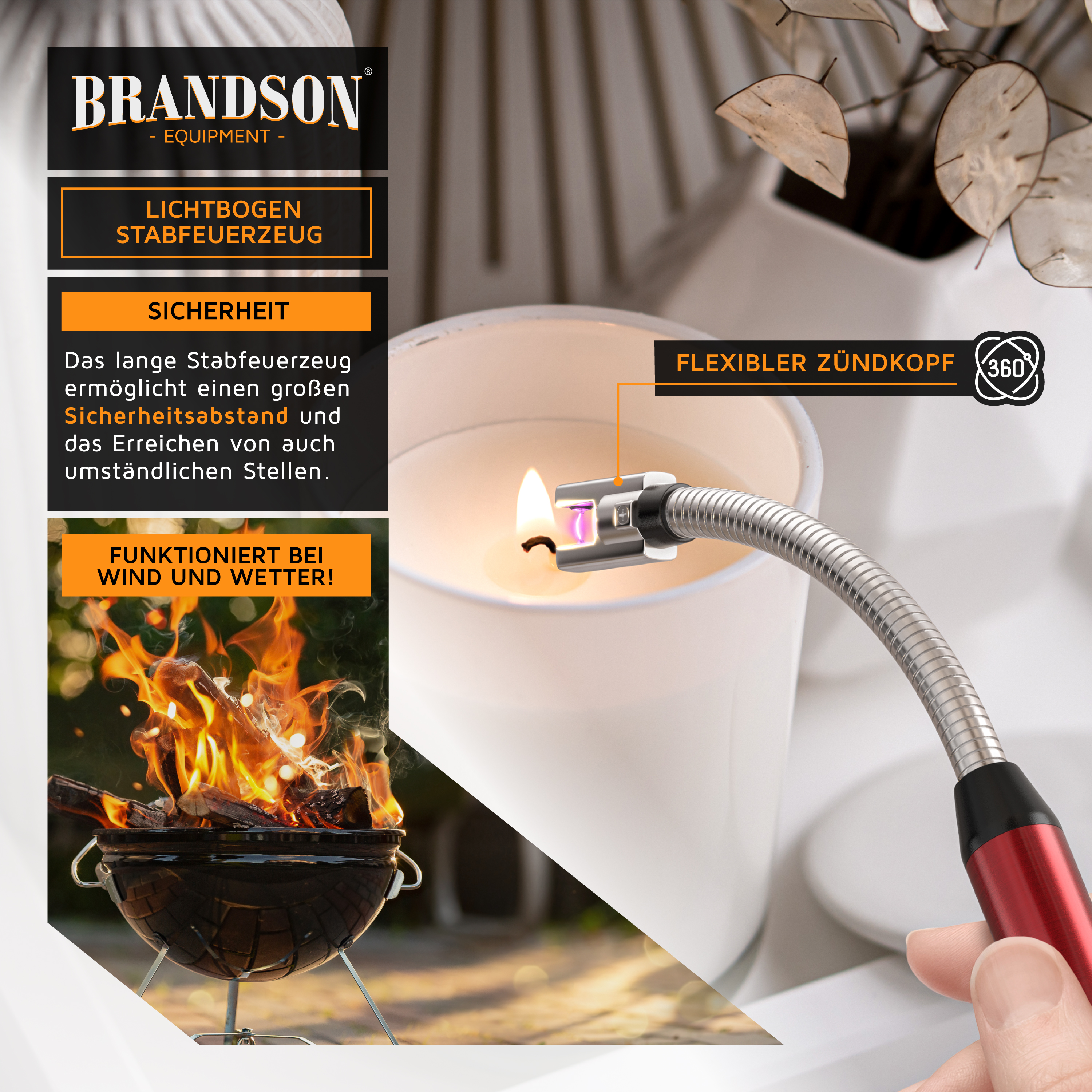 Brandson Lichtbogen-Stabfeuerzeug mit flexiblem Zündkopf, ideal für Kerzen und Grill, in rotem und silbernem Design.