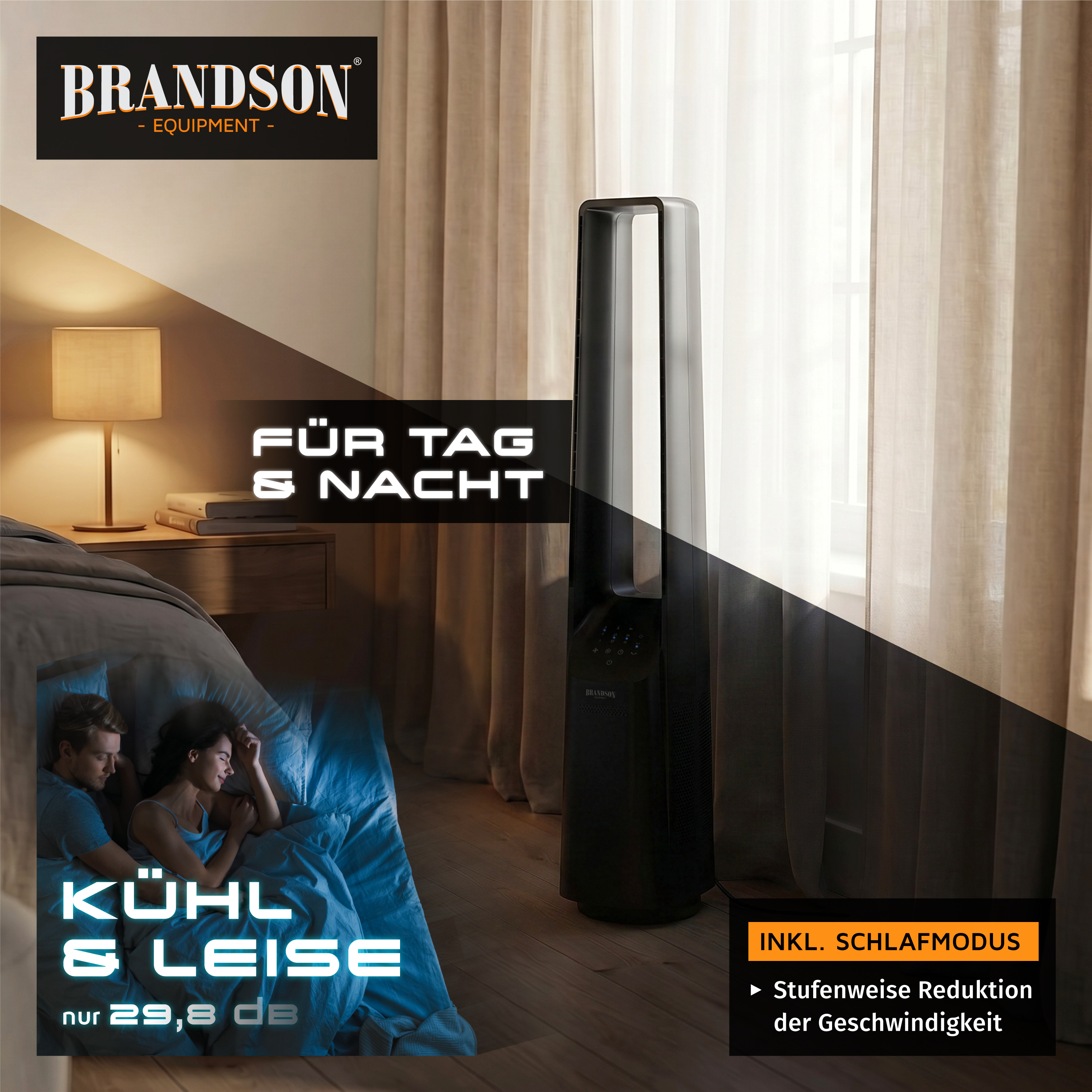 Brandson Turmventilator in Schwarz mit Bedienfeld und Schlafmodus, platziert neben einem Bett in einem gemütlichen Schlafzimmer.