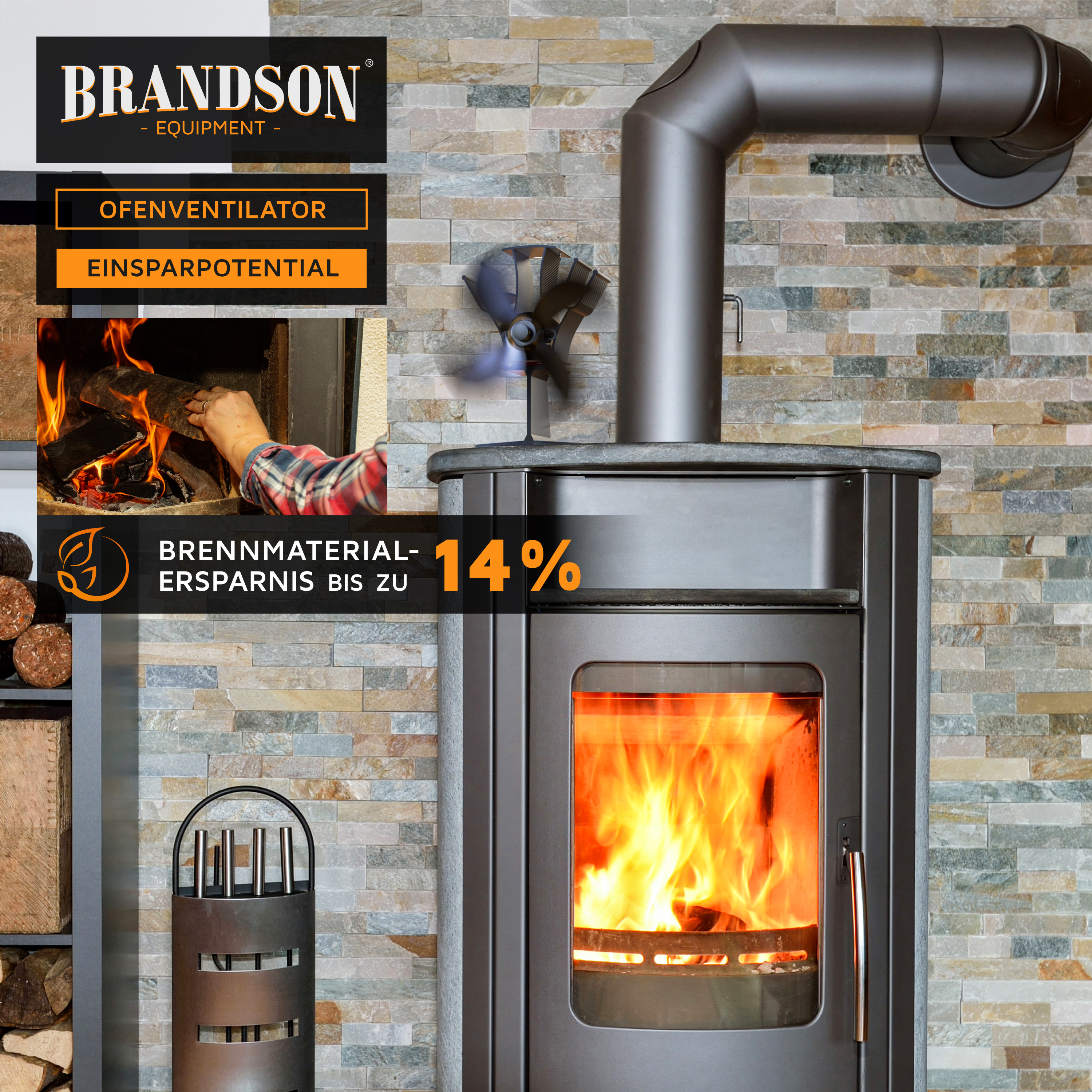 Brandson Ofenventilator mit schwarzem Gehäuse, montiert auf einem Kamin, zur Verbesserung der Wärmeverteilung.