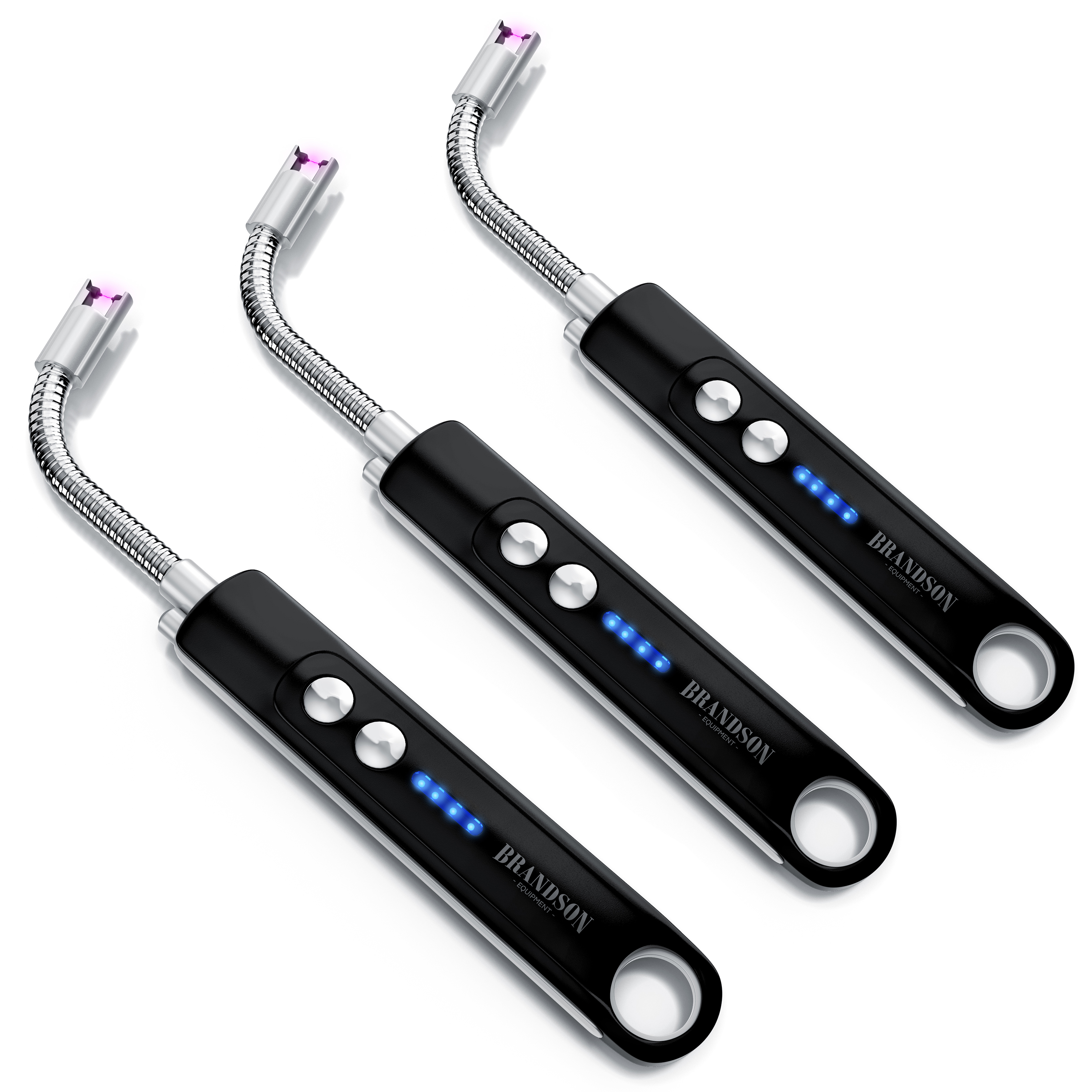 Brandson elektrisches Feuerzeug mit flexiblem Hals, schwarzem Gehäuse und LED-Anzeige, ideal für Grill und Kerzen.