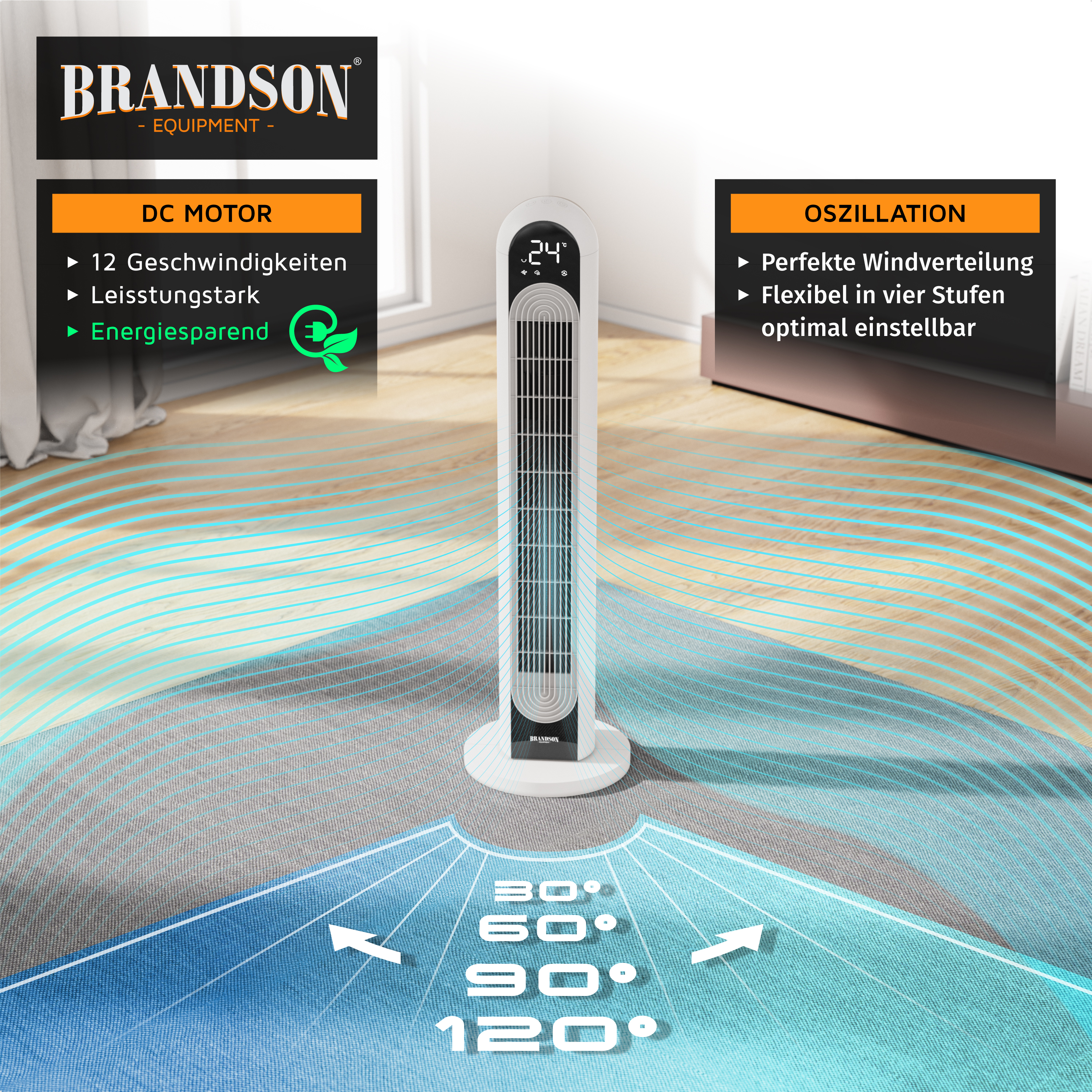 Brandson-Turmventilator mit elegantem weißen Design, Digitalanzeige und einstellbaren Oszillationswinkeln für optimale Luftverteilung.