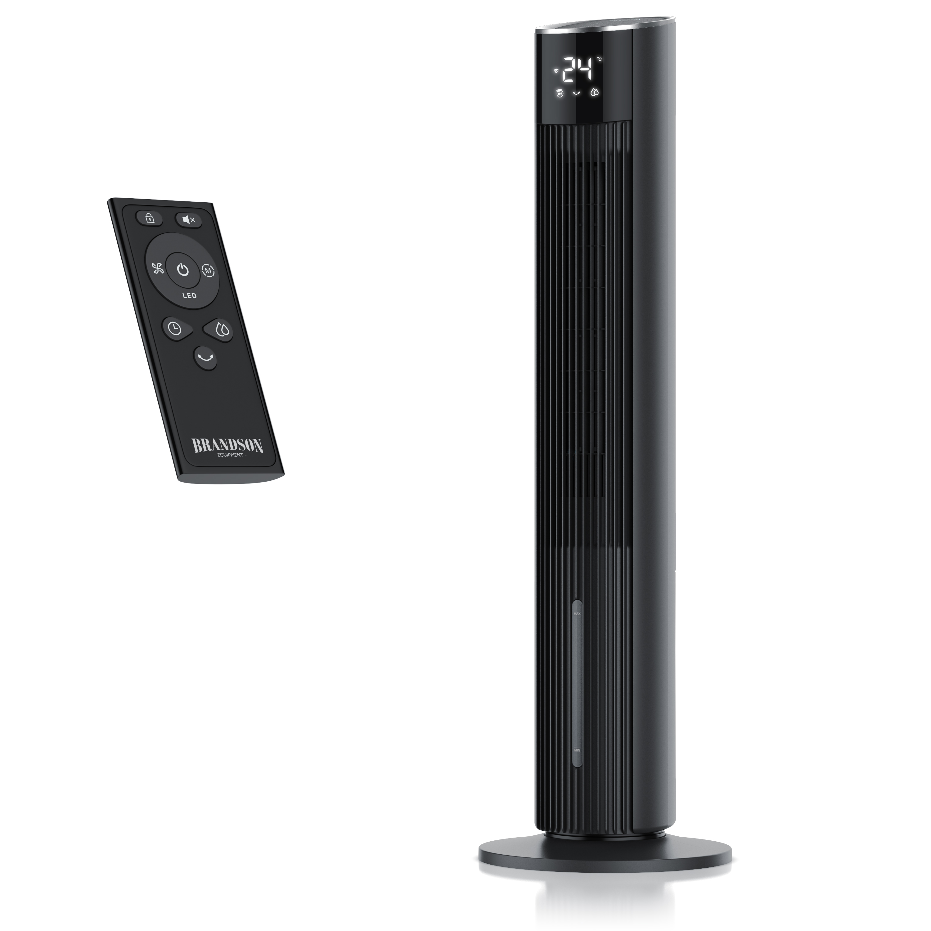 Brandson Turmventilator in Schwarz mit Digitalanzeige, Fernbedienung und schlankem Design, ideal zum Kühlen von Räumen.