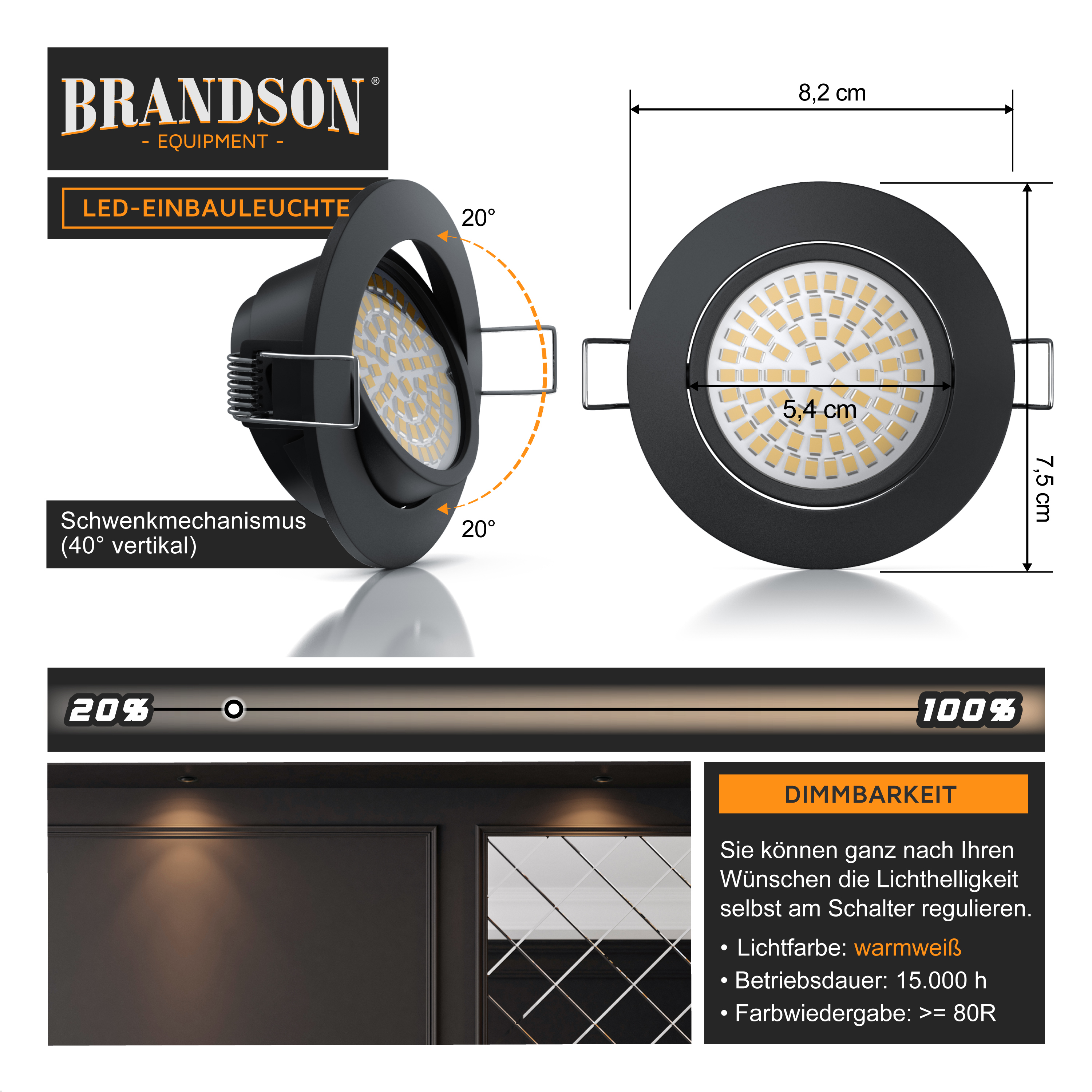 Brandson LED Einbauleuchte in Schwarz mit dimmbarer Funktion und schwenkbarem Mechanismus für flexible Lichtgestaltung.