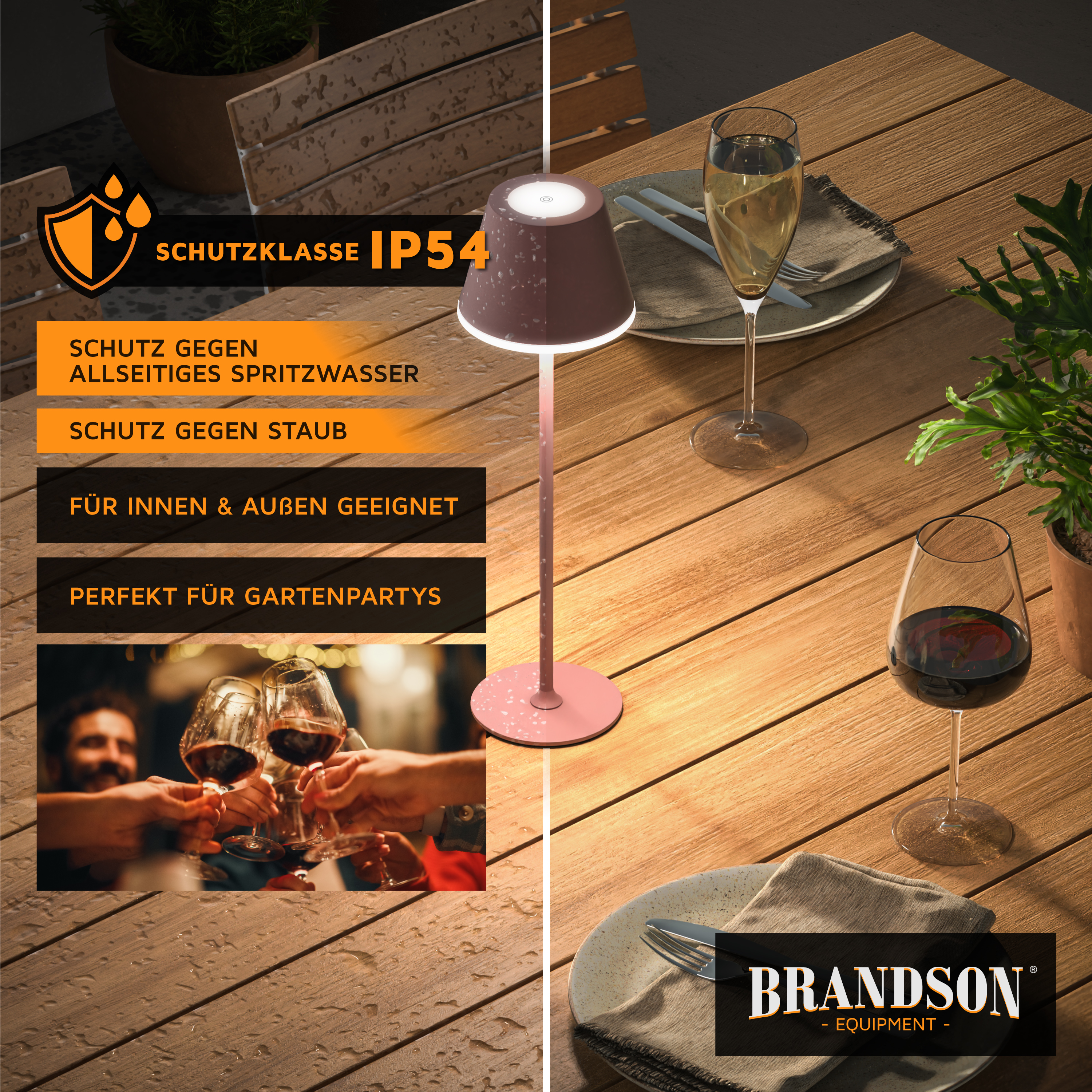Brandson Stehlampe in Rosa mit IP54 Schutzklasse, geeignet für Innen- und Außenbereich, ideal für Gartenpartys.