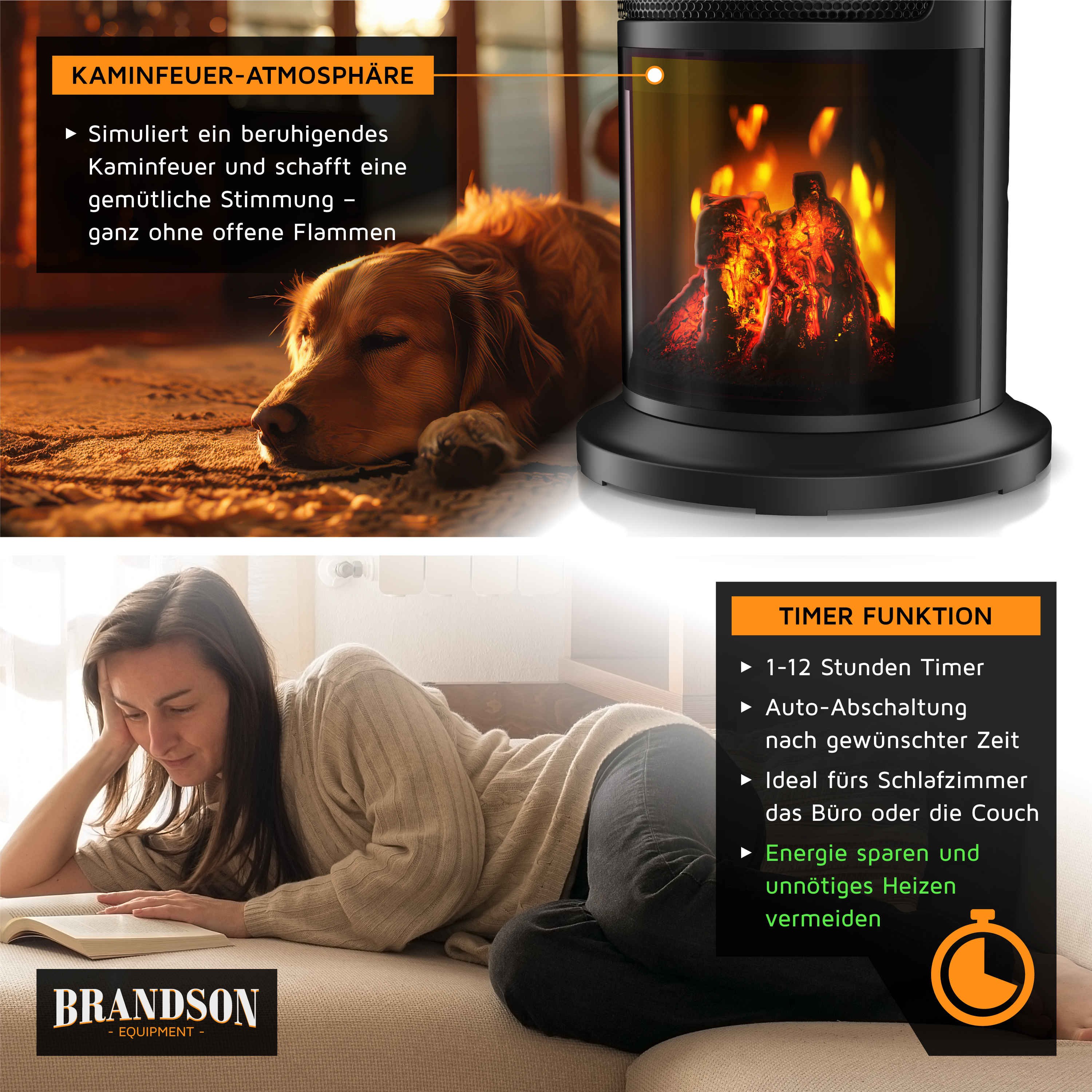 Brandson Heizlüfter mit Kaminfeuer-Atmosphäre, schwarzes Gehäuse, Timer-Funktion, ideal für gemütliche Stimmung im Wohnraum.