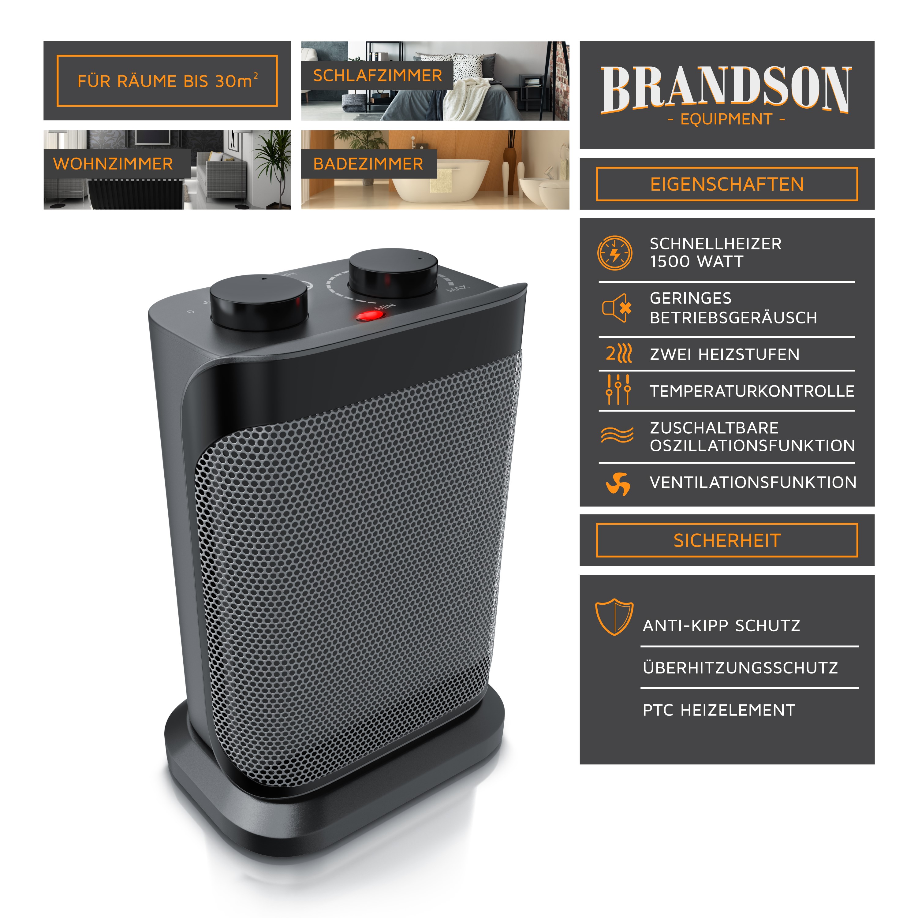 Brandson Heizlüfter mit kompaktem Design, schwarzer Oberfläche, zwei Drehreglern und Sicherheitsfunktionen, ideal für verschiedene Räume.