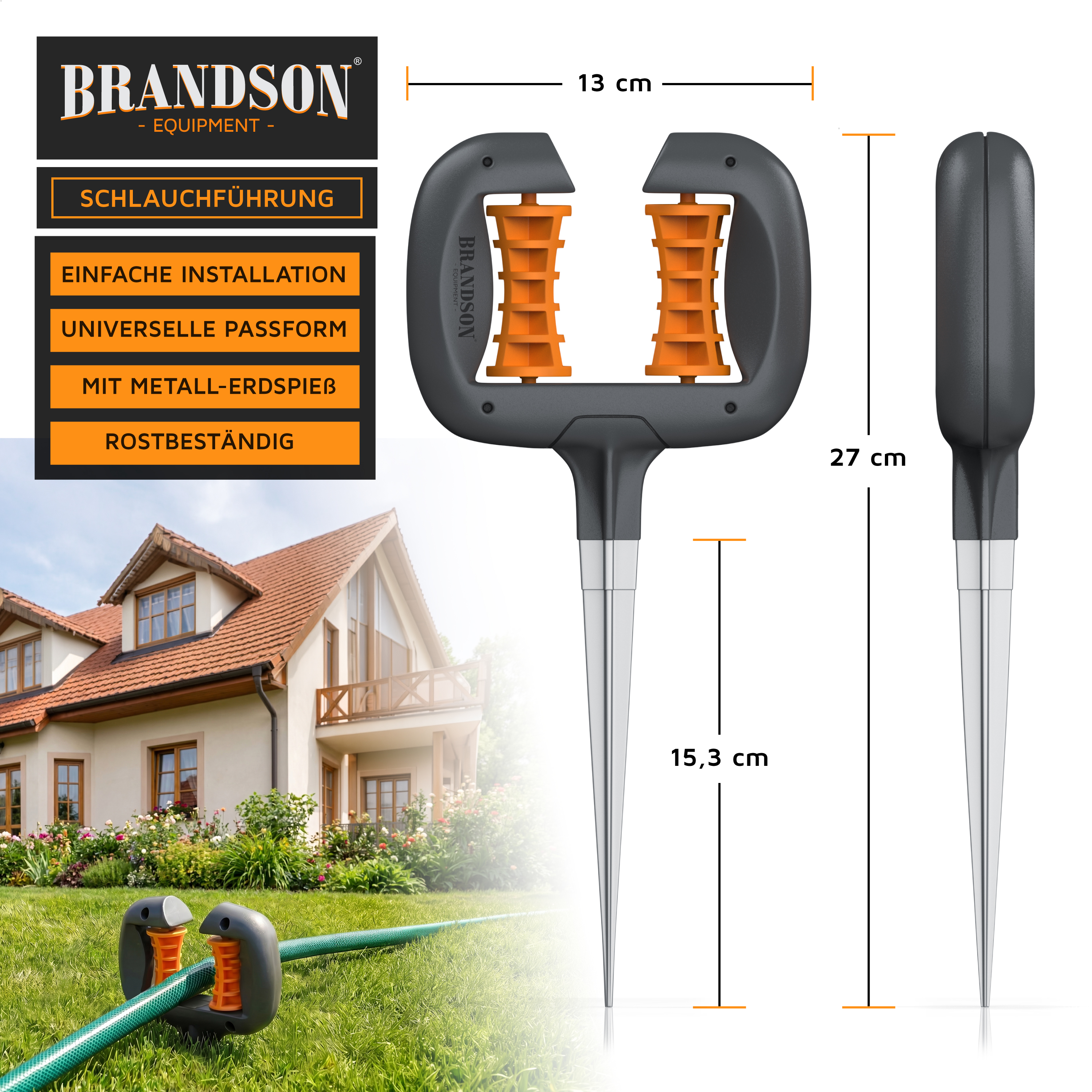 Brandson Schlauchführung mit rostbeständigem Metall-Erdspeiß und orangefarbenen Gummielementen für einfache Installation im Garten.