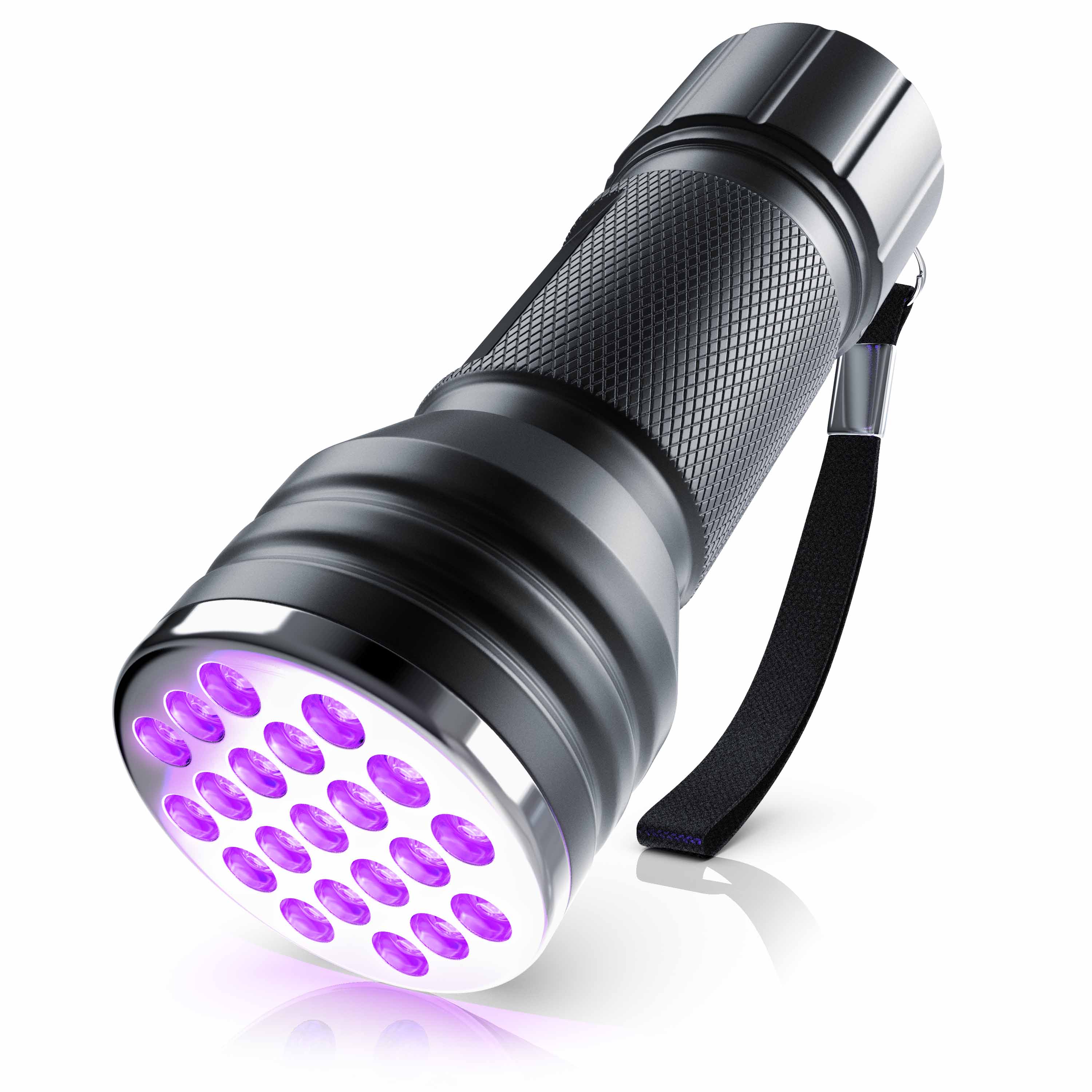 Brandson-Taschenlampe mit schwarzem, strukturiertem Gehäuse, silbernen Akzenten und einem violetten LED-Licht an der Vorderseite sowie einer Handschlaufe.