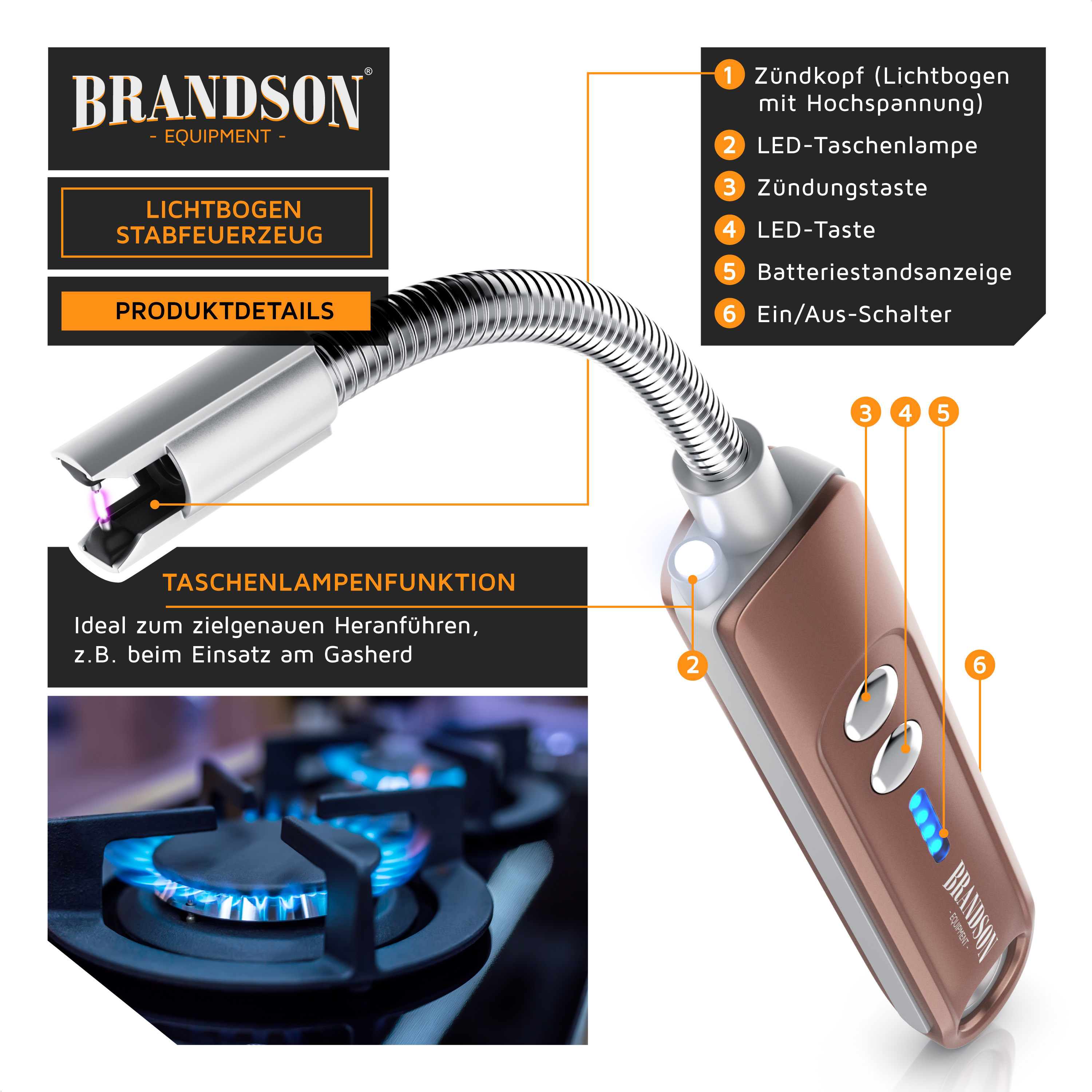 Brandson Lichtbogen-Stabfeuerzeug mit flexiblem Hals, LED-Taschenlampe, Zündtaste und Batterieanzeige in Silber und Bronze.