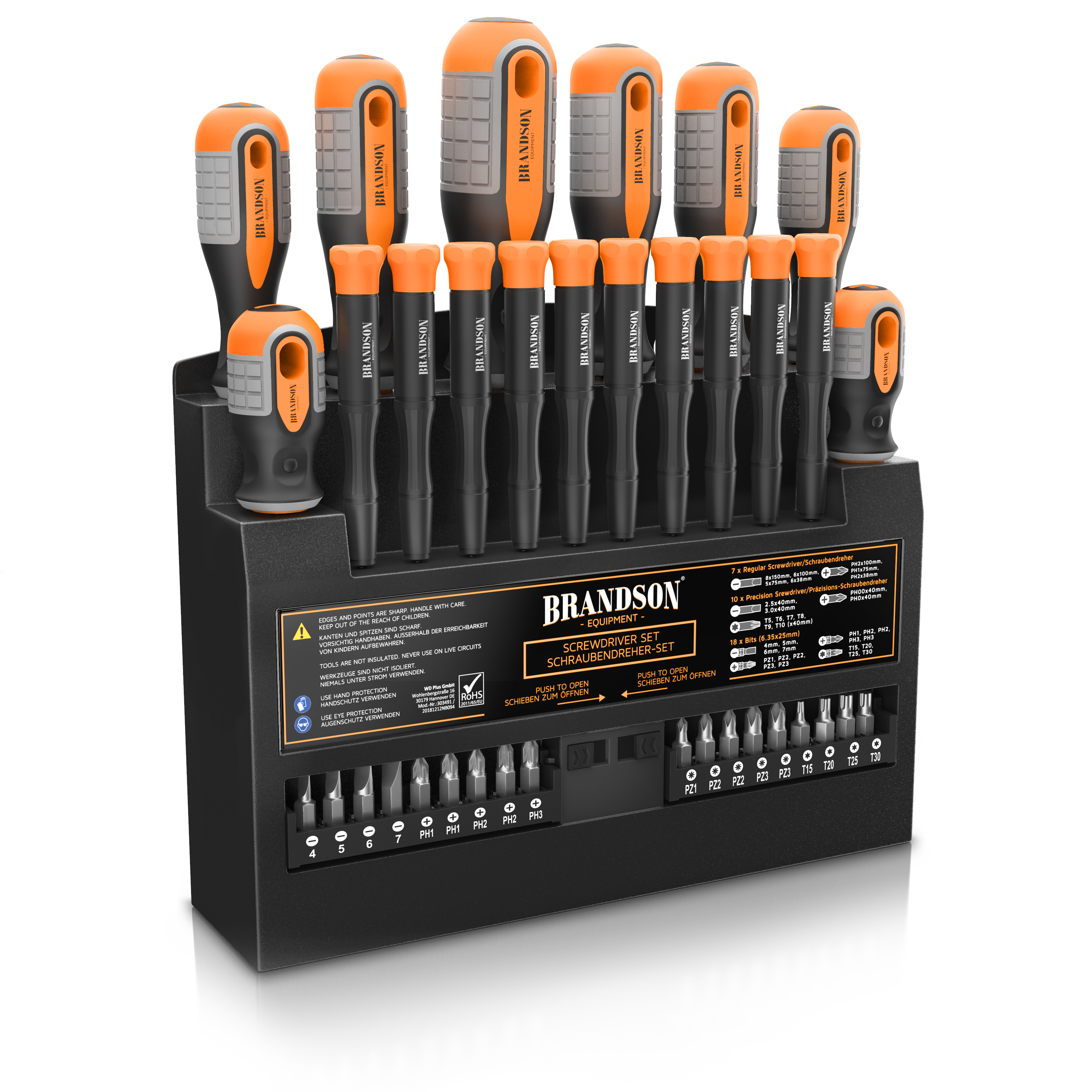 Brandson-Schraubendreher-Set mit verschiedenen Schraubendrehern in einem schwarzen Halter, mit orangefarbenen und grauen Griffen und einer Auswahl an Bits.