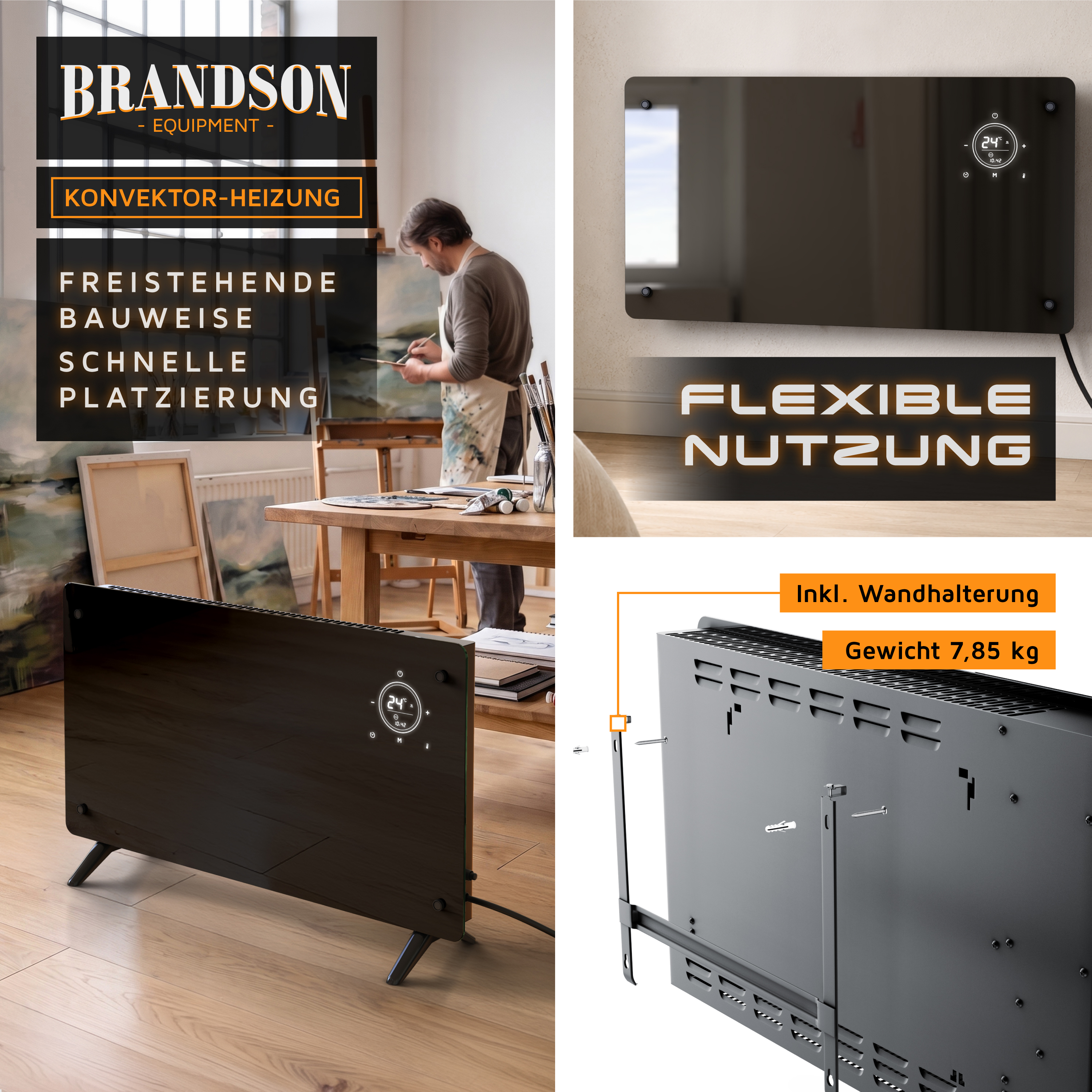 Brandson-Konvektionsheizgerät mit schwarzer Glasfront, Digitalanzeige, Bodenständer und Wandmontagezubehör in einer mehrteiligen Produktübersicht.