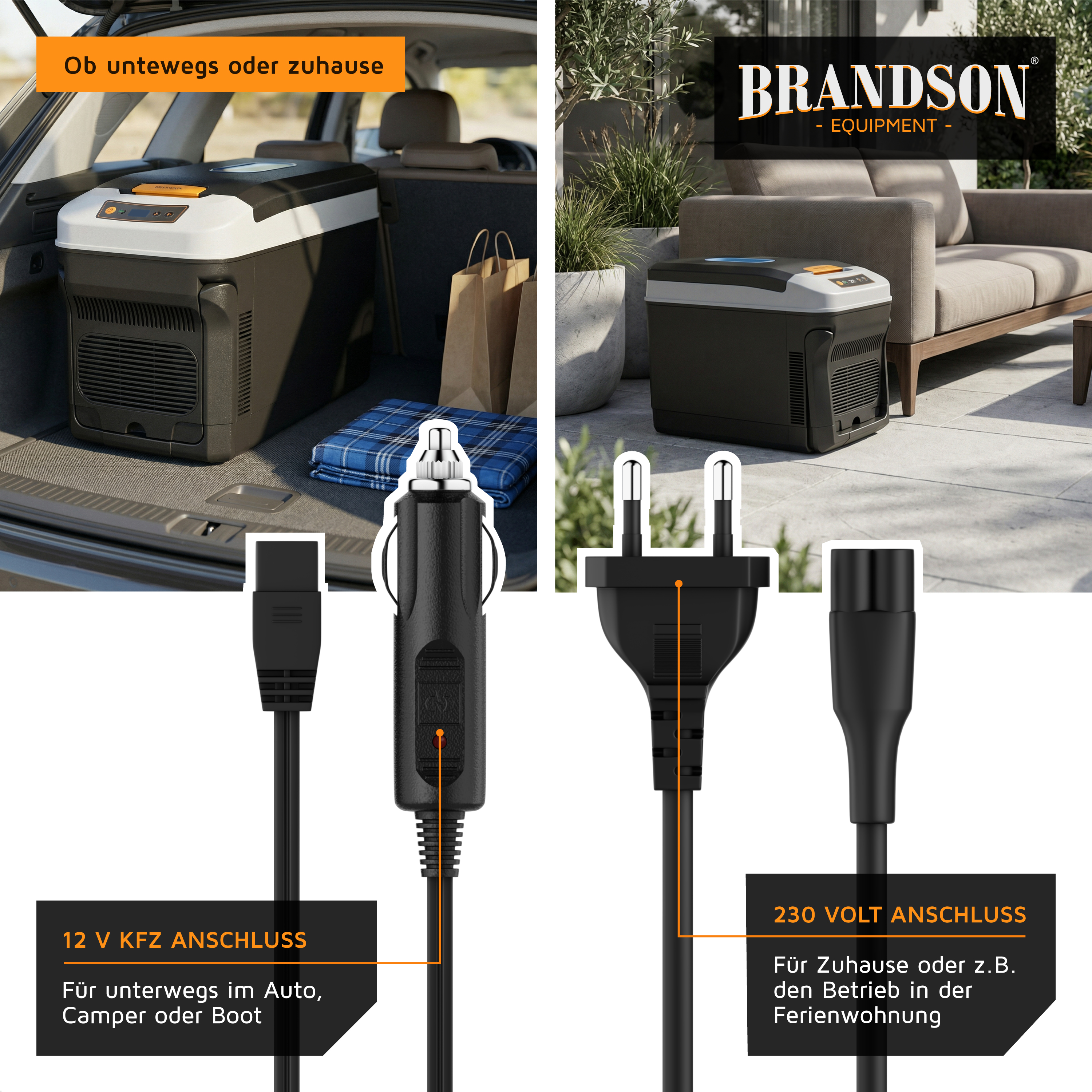 Brandson elektrische Kühlbox mit zwei Anschlussmöglichkeiten, 12 V für Auto und 230 V für Zuhause, in schwarz und grau, ideal für unterwegs.