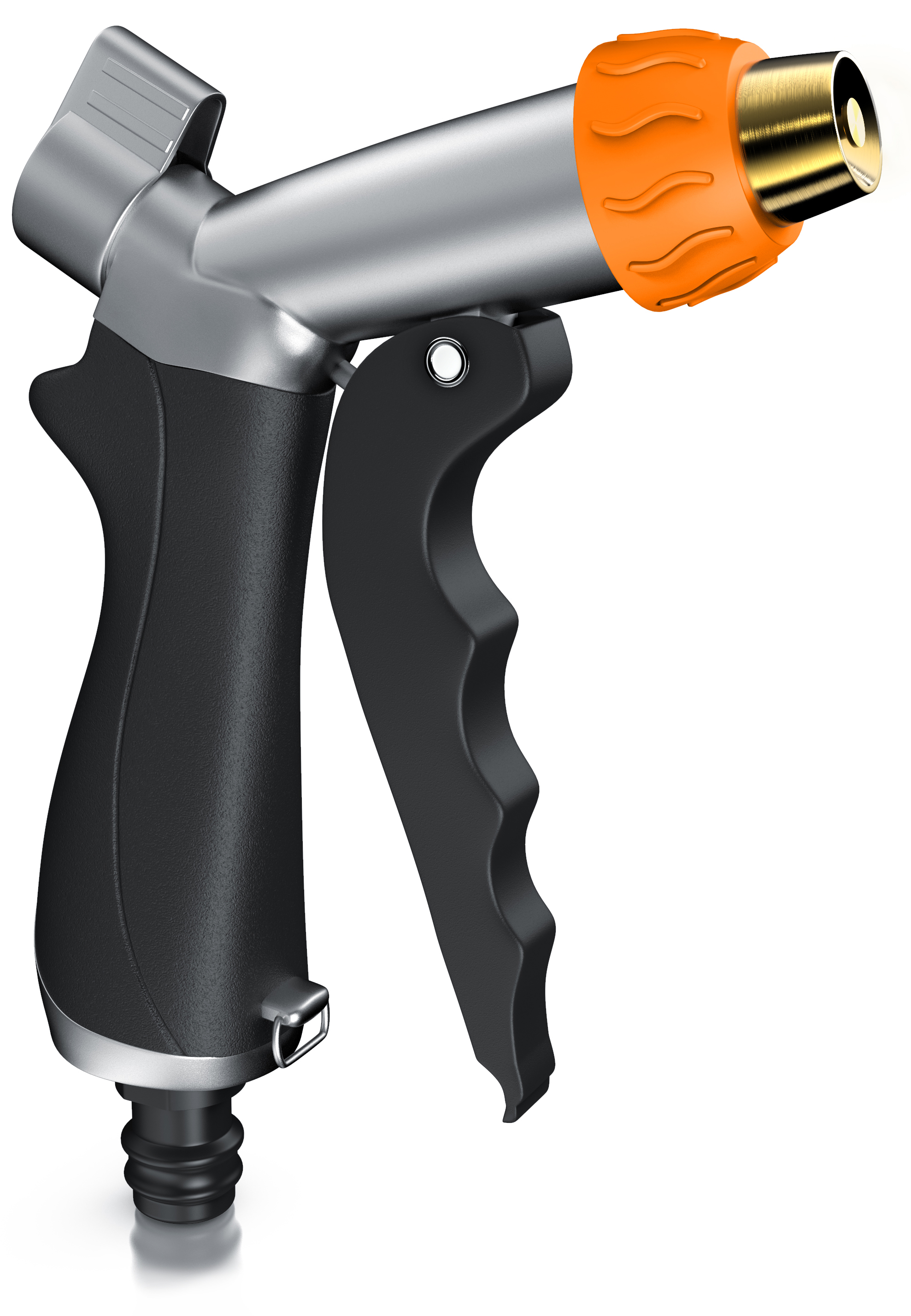 Gartenschlauchdüse von Brandson mit ergonomischem Griff, silbernem und schwarzem Design, mit orangefarbenem Bedienknopf für einstellbaren Wasserdurchfluss.