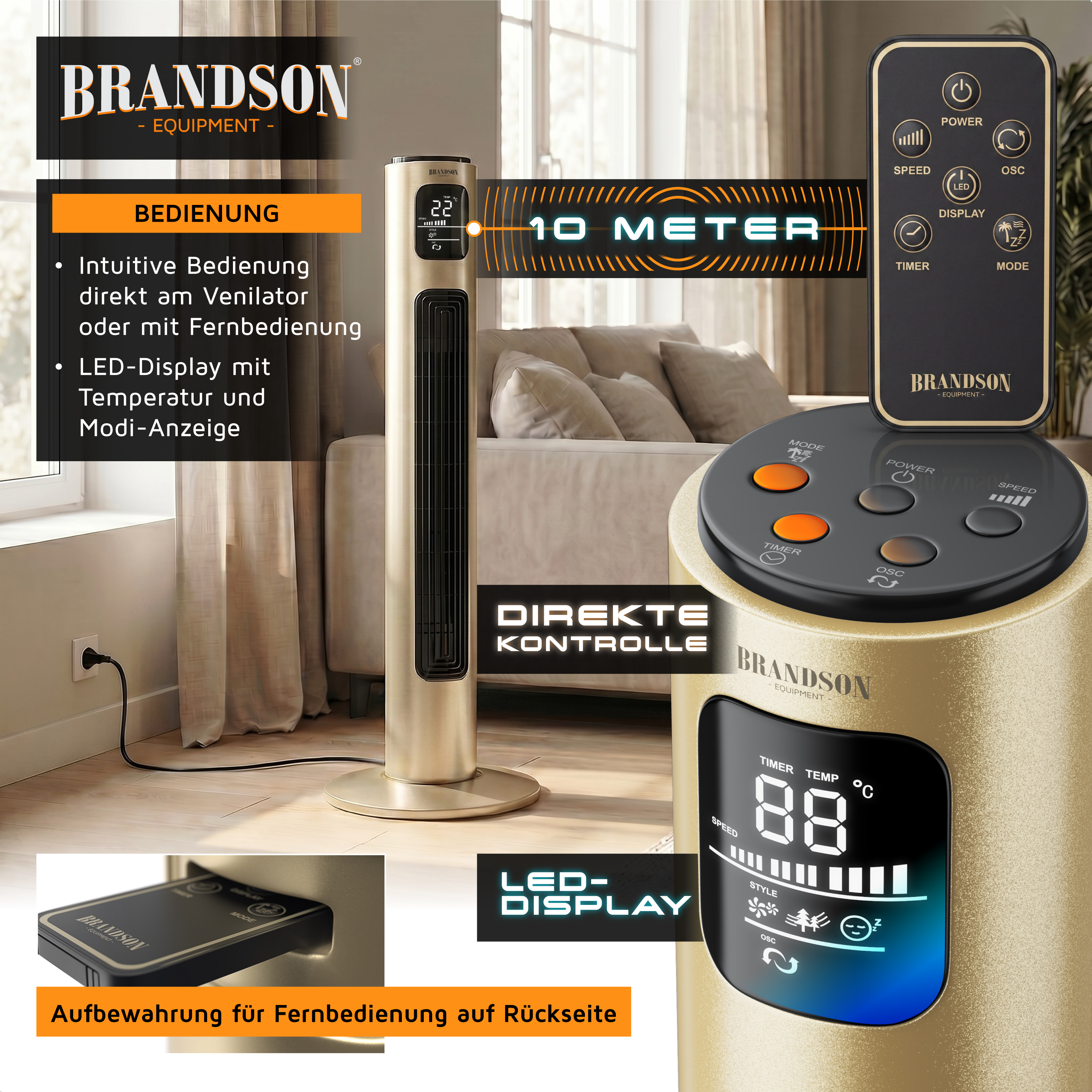 Brandson Turmventilator in Goldfarbe mit LED-Anzeige, Fernbedienung und intuitivem Bedienfeld, platziert in einem gemütlichen Wohnzimmer.