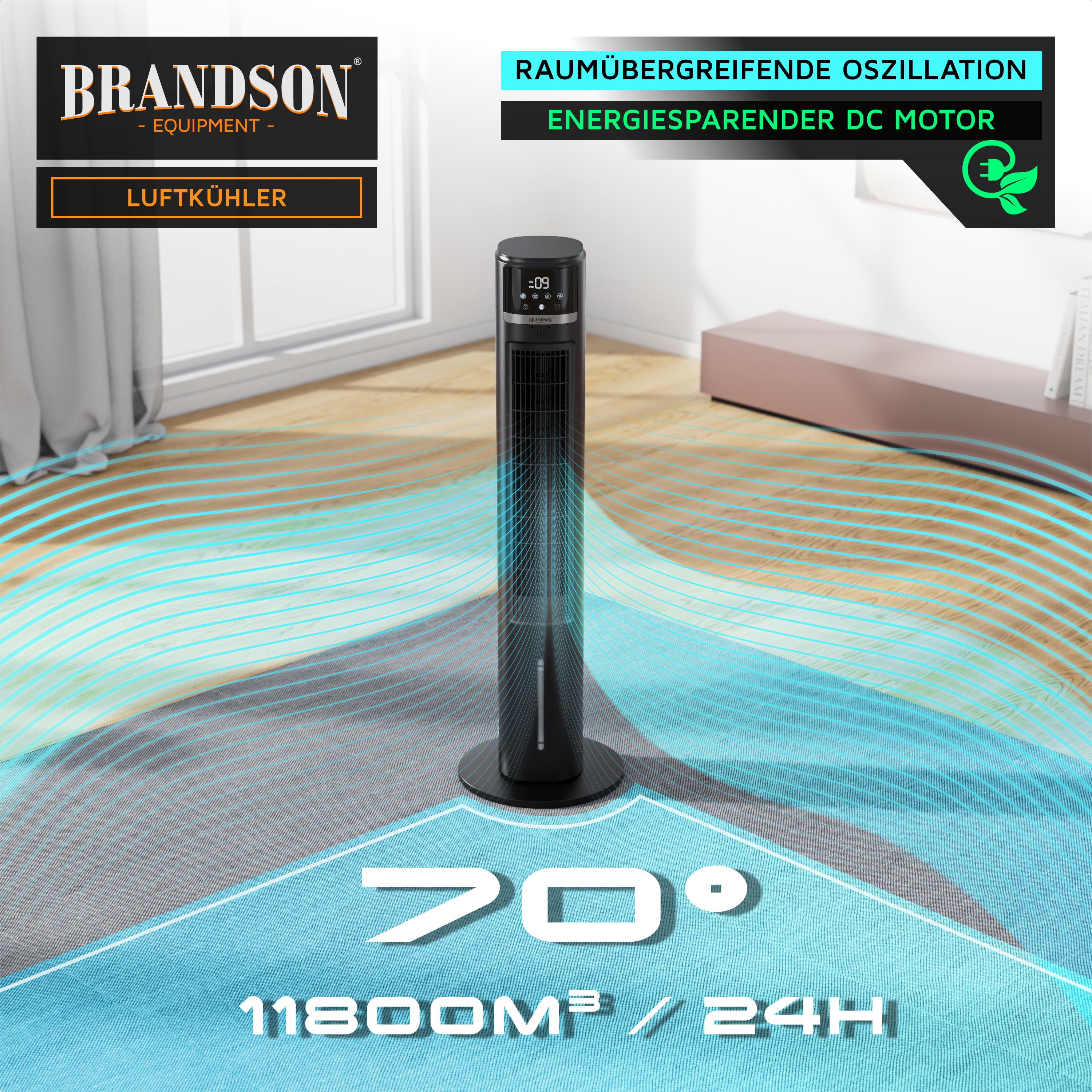 Brandson-Luftkühler mit elegantem schwarzem Design, Digitalanzeige und Oszillationsfunktion, positioniert in einem modernen Wohnraum.