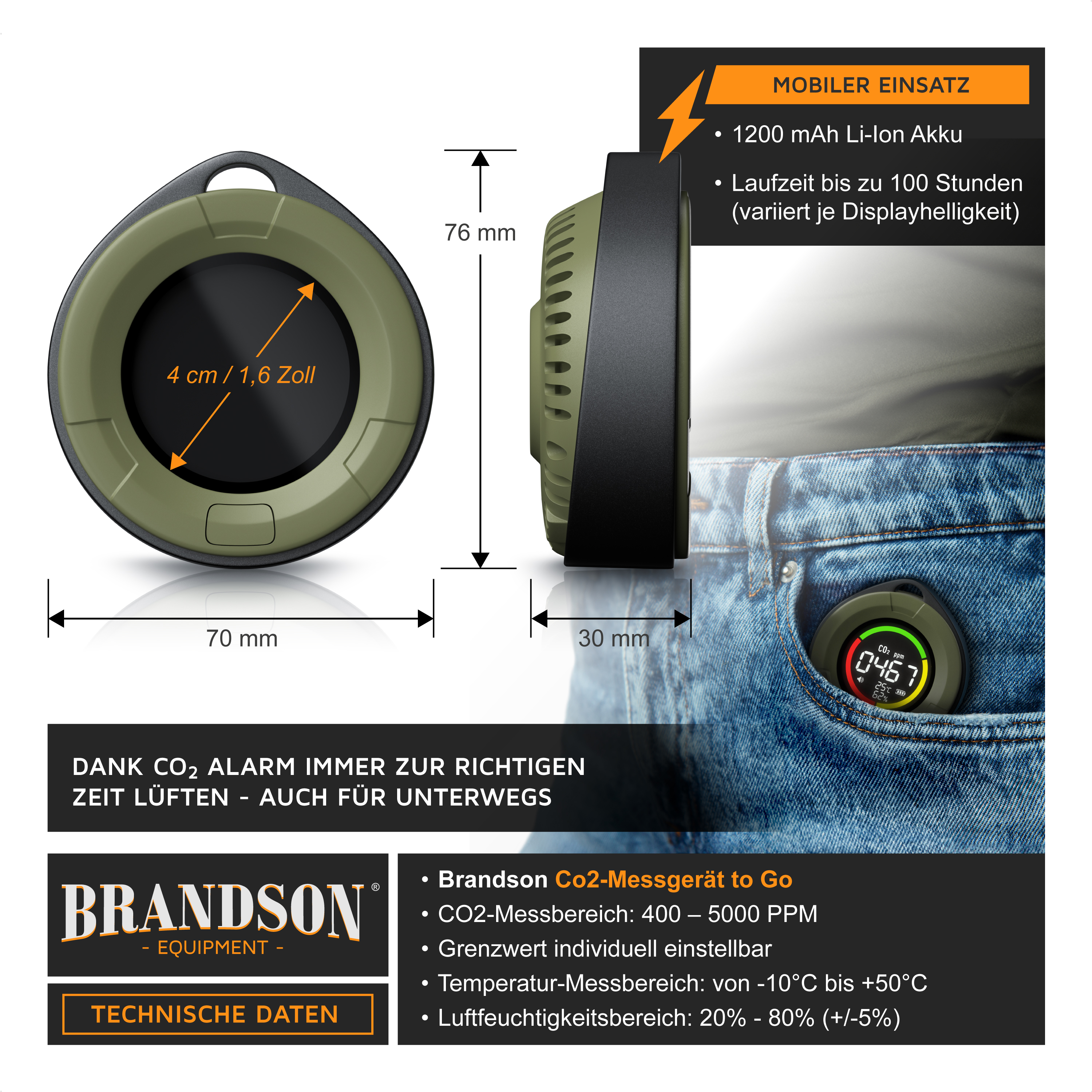 Brandson CO2-Messgerät to Go in grün mit digitalem Display, tragbar für mobile Anwendungen, kompakte Bauform für die Hosentasche.