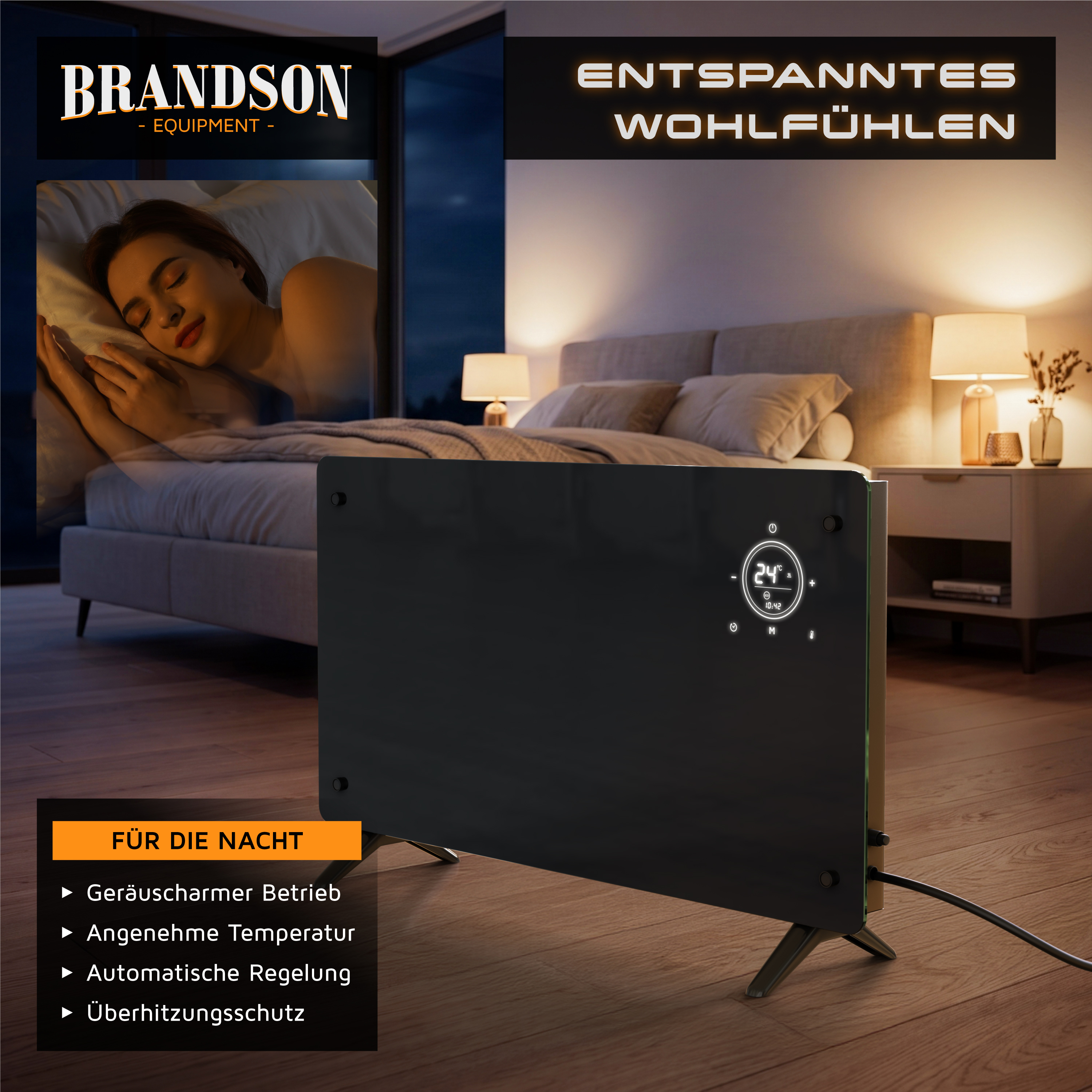Glas-Konvektionsheizgerät von Brandson mit schwarzer Frontplatte und beleuchteter Digitalanzeige, abgebildet in einem Schlafzimmer bei Nacht.