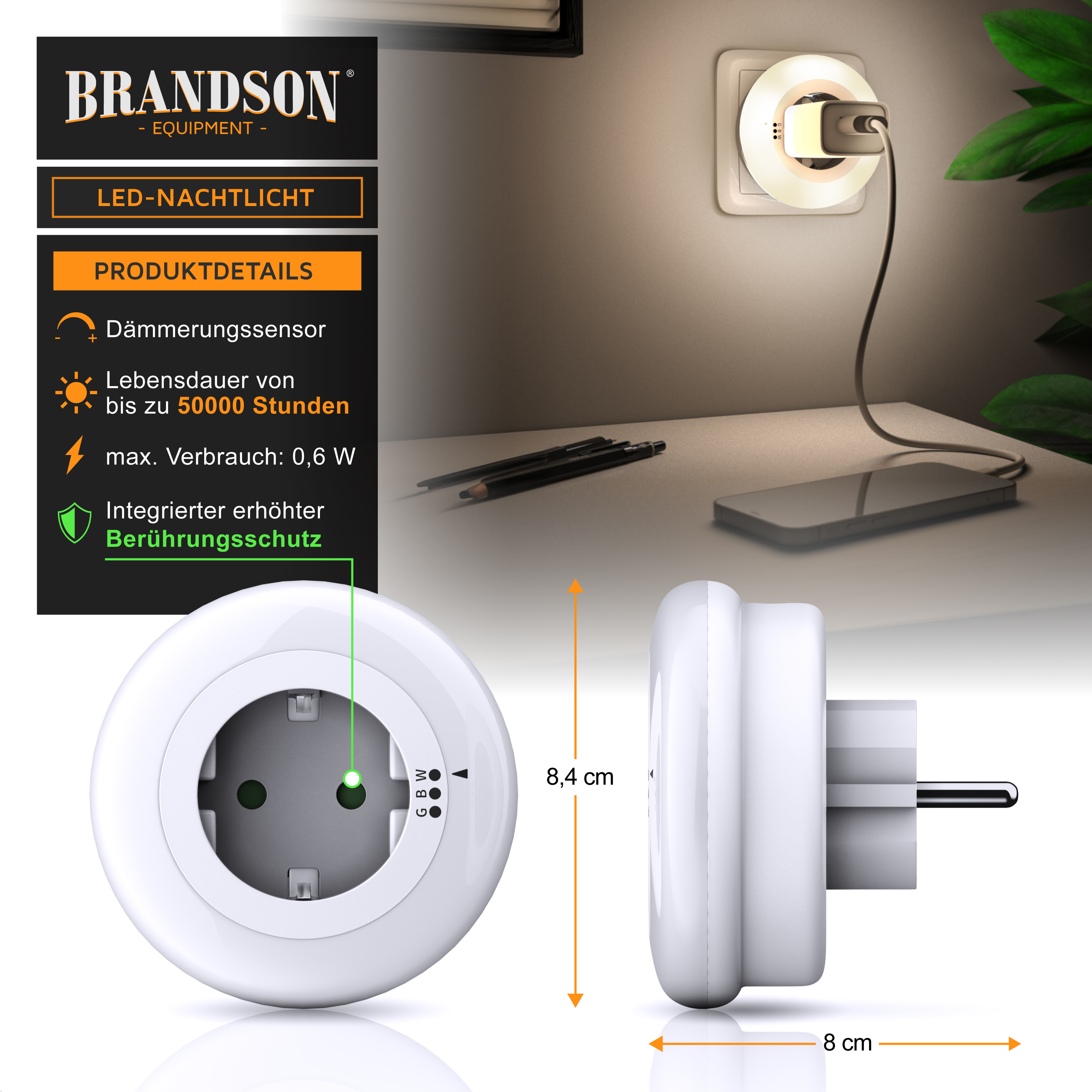 Brandson LED-Nachtlicht in Weiß mit Dimmsensor, konzipiert für Wandsteckdosen, mit kompakter runder Form und integriertem Berührungsschutz.