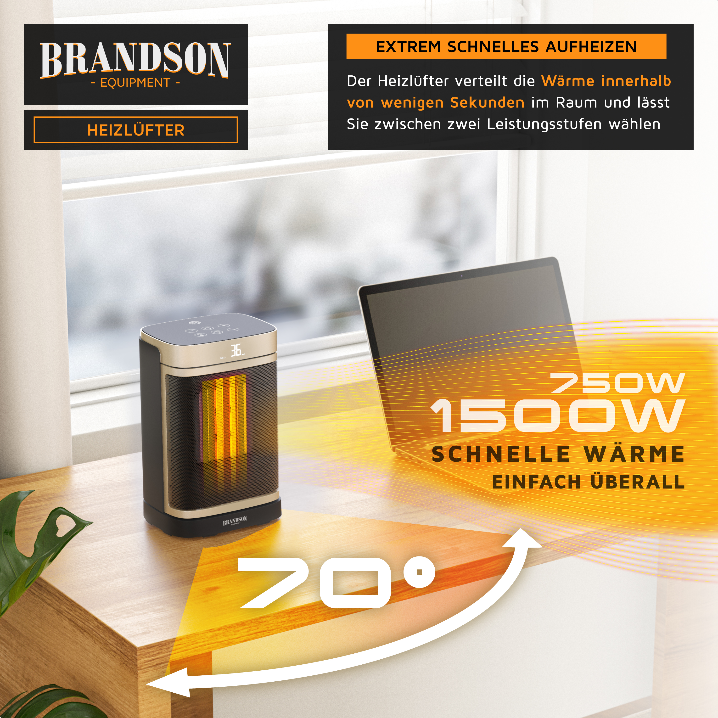 Brandson Heizlüfter mit schwarzem Gehäuse, digitalem Display und Bedienfeld, auf einem Tisch neben einem Laptop platziert.