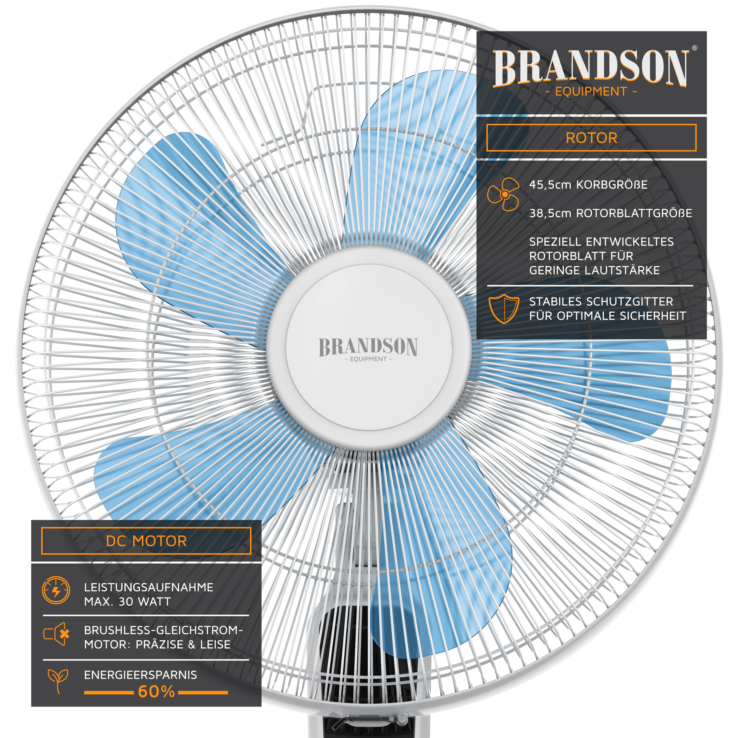 Standventilator von Brandson mit Rotor mit 45,5 cm Durchmesser, blauen Flügeln und stabilem Schutzgitter zur Sicherheit.