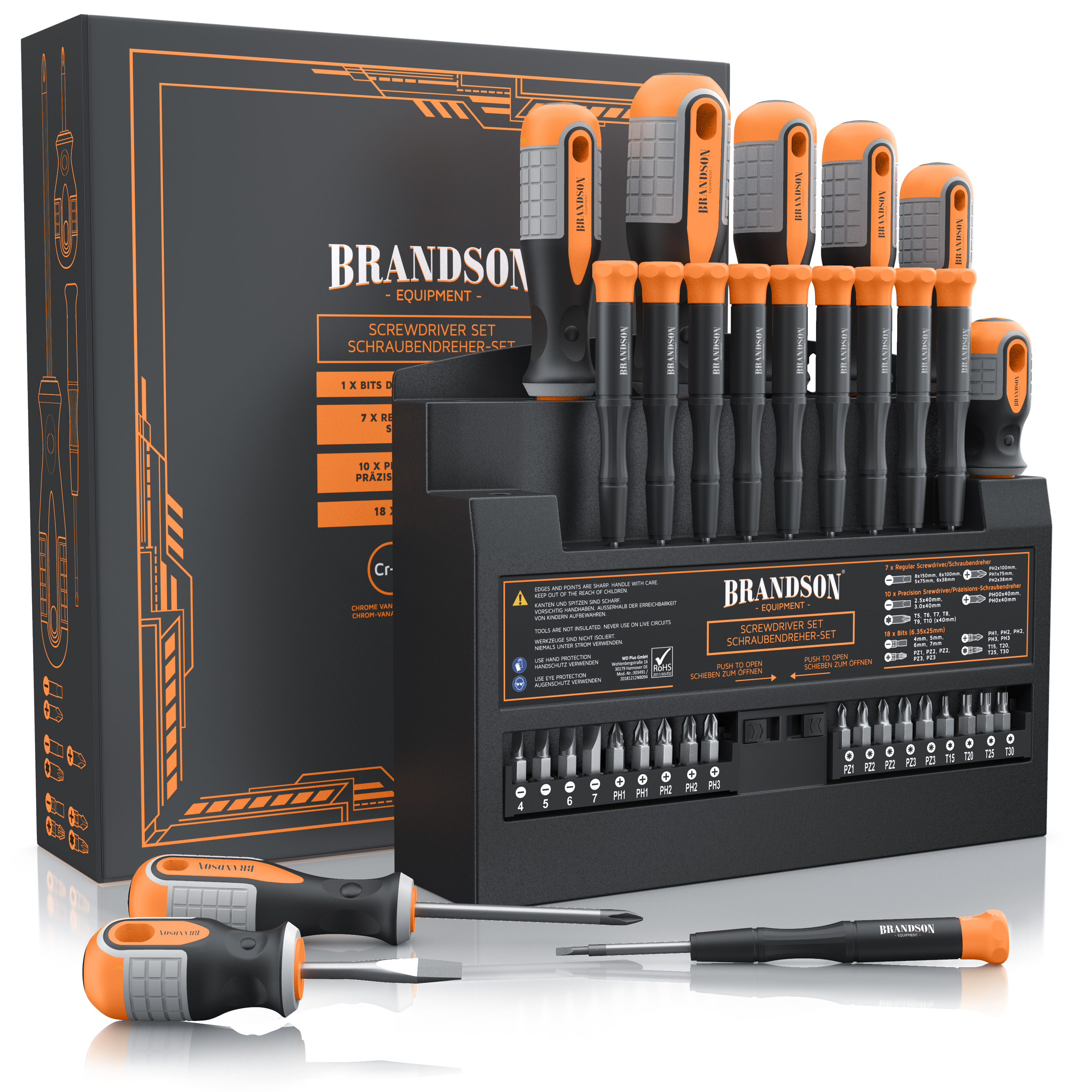 Brandson-Schraubendreher-Set mit verschiedenen Schraubendrehern mit orangefarbenen und schwarzen Griffen, präsentiert in einem stabilen Aufbewahrungskoffer.