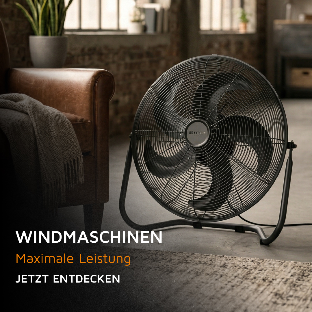 Brandson Windmaschine in Schwarz mit stabiler Metallkonstruktion, großen Lüfterblättern und einem modernen Design, ideal für den Innenbereich.