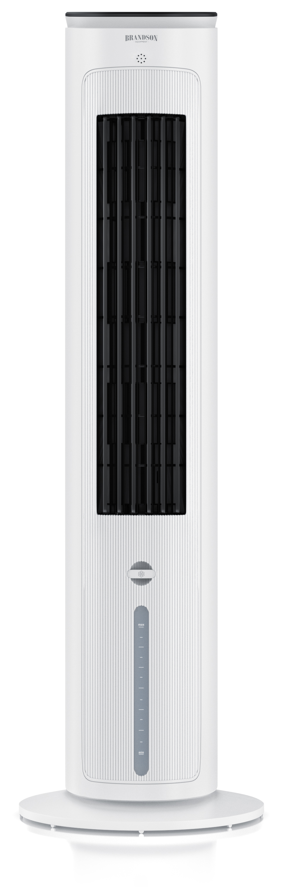 Brandson Turmventilator im modernen Design, weiß mit schwarzem Frontgitter, Bedienfeld und Fernbedienung für einfache Nutzung.
