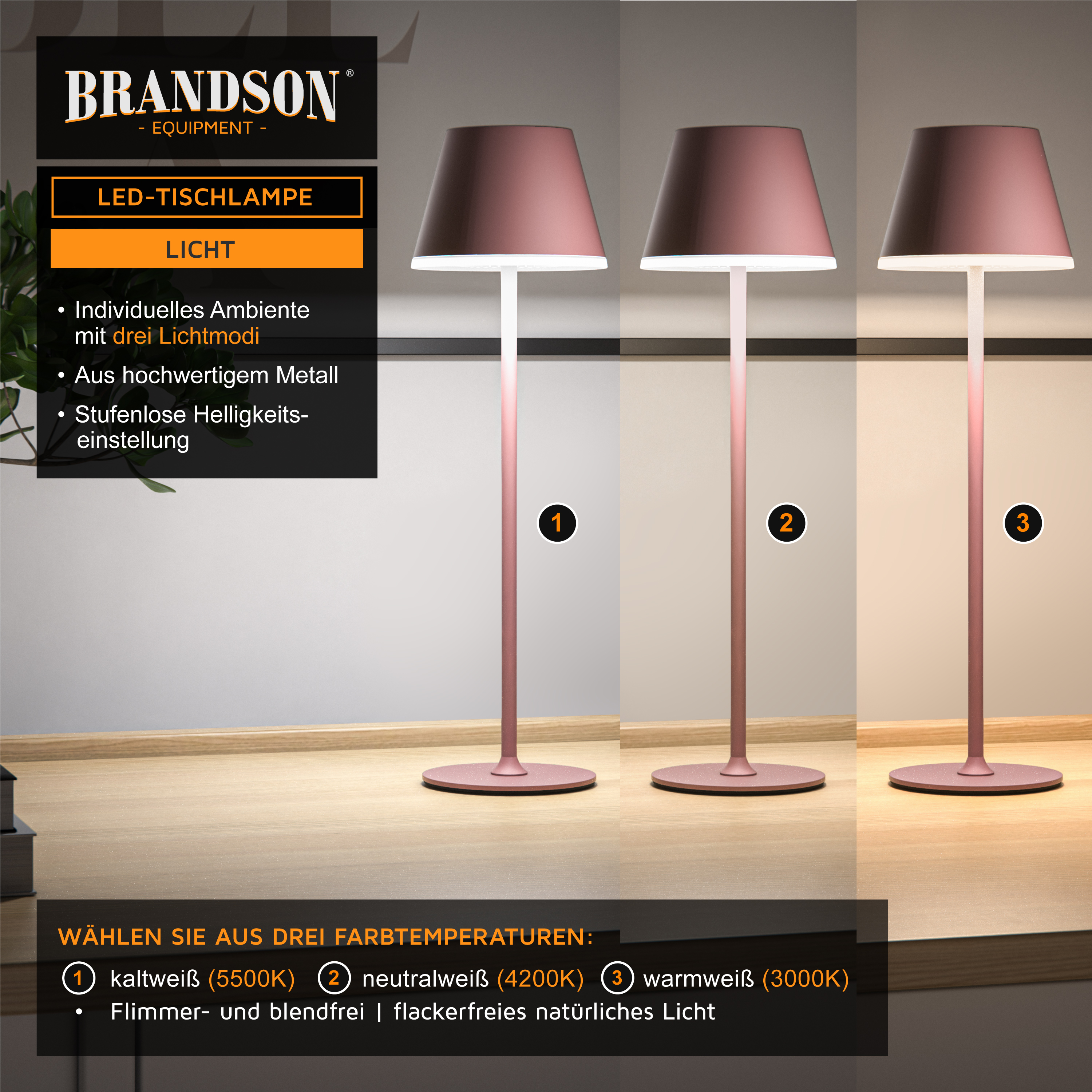 Brandson LED-Tischleuchte mit rosa Schirm und elegantem Metallsockel, drei Lichtmodi und stufenloser Helligkeitseinstellung.