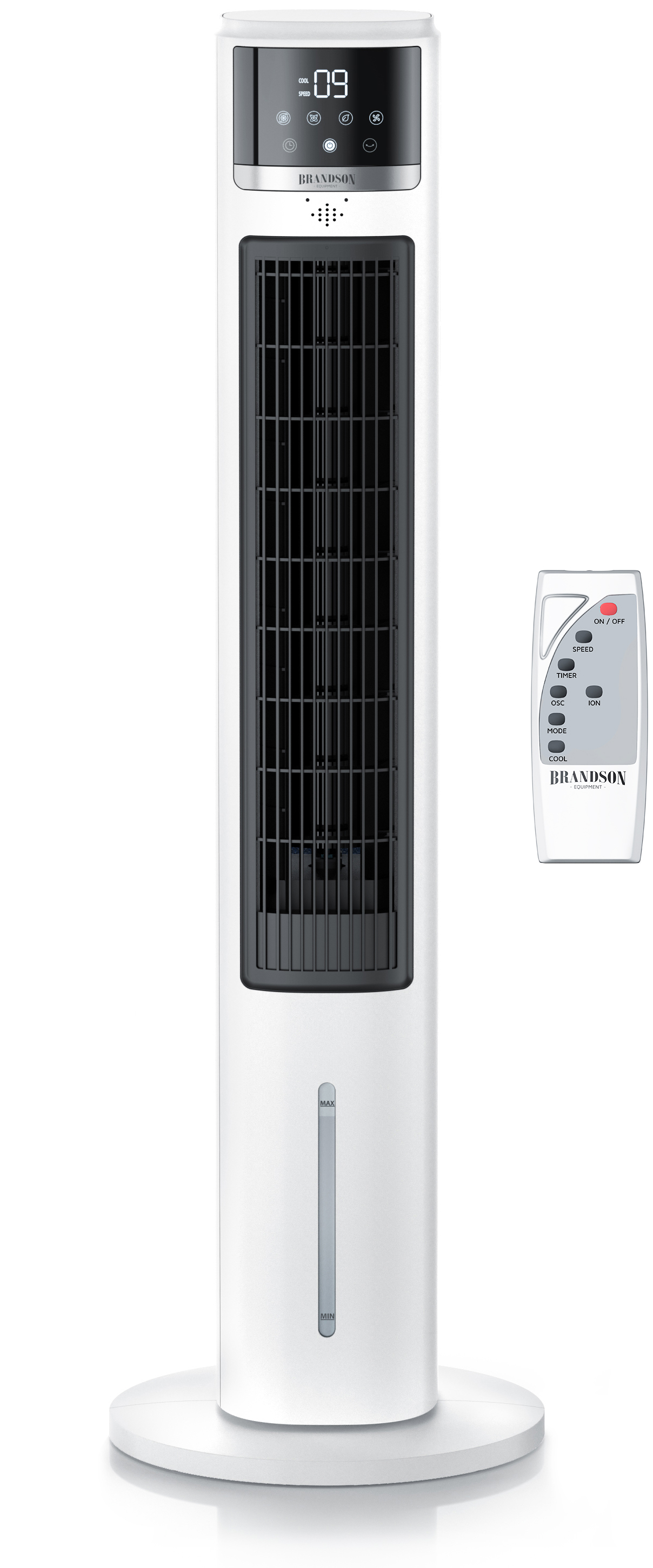 Brandson Turmventilator in Weiß mit digitalem Display und Fernbedienung, schlankes Design und stabiler Standfuß.