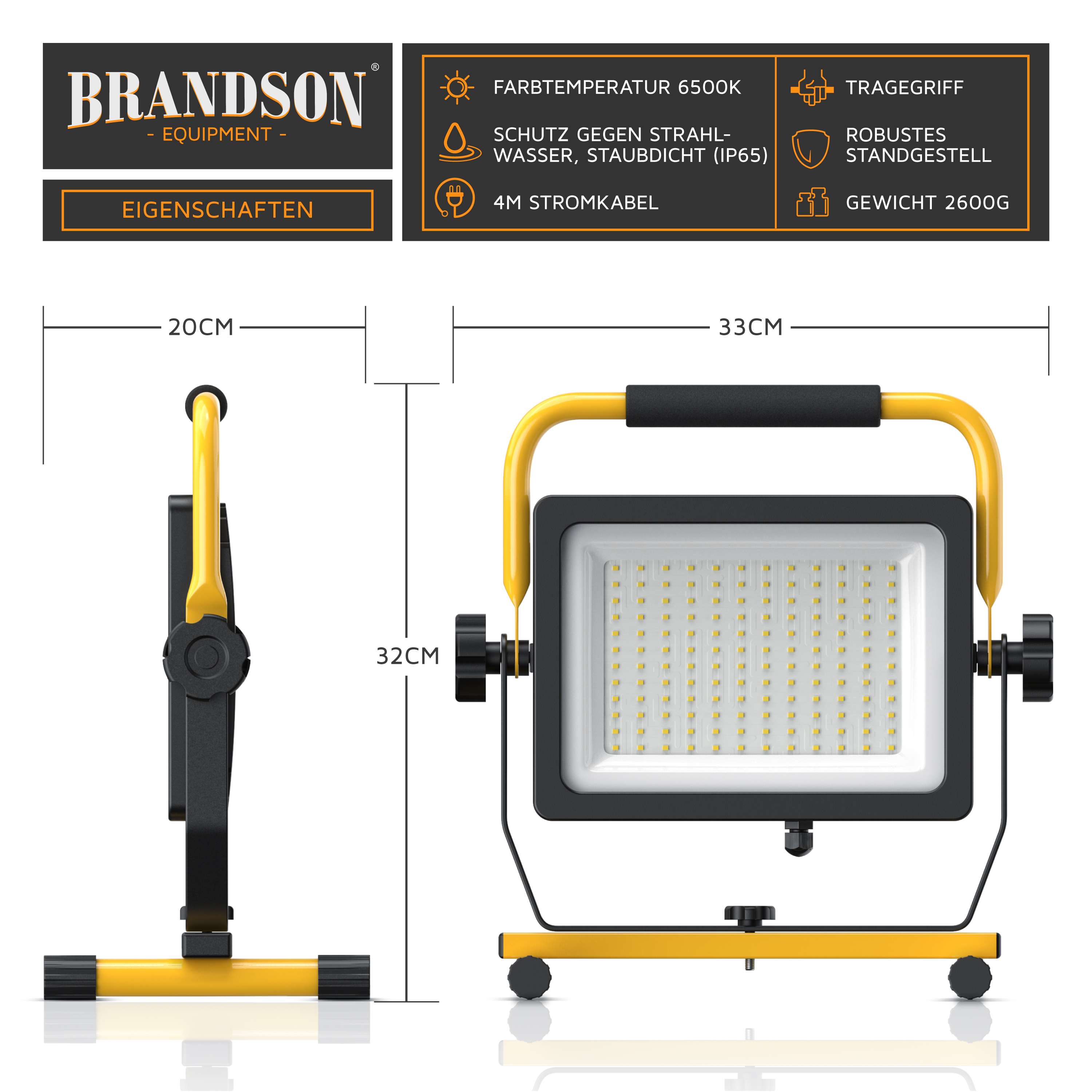 Brandson LED-Arbeitsleuchte mit robustem Standgestell, gelbem Tragegriff und IP65 Schutz gegen Wasser und Staub.