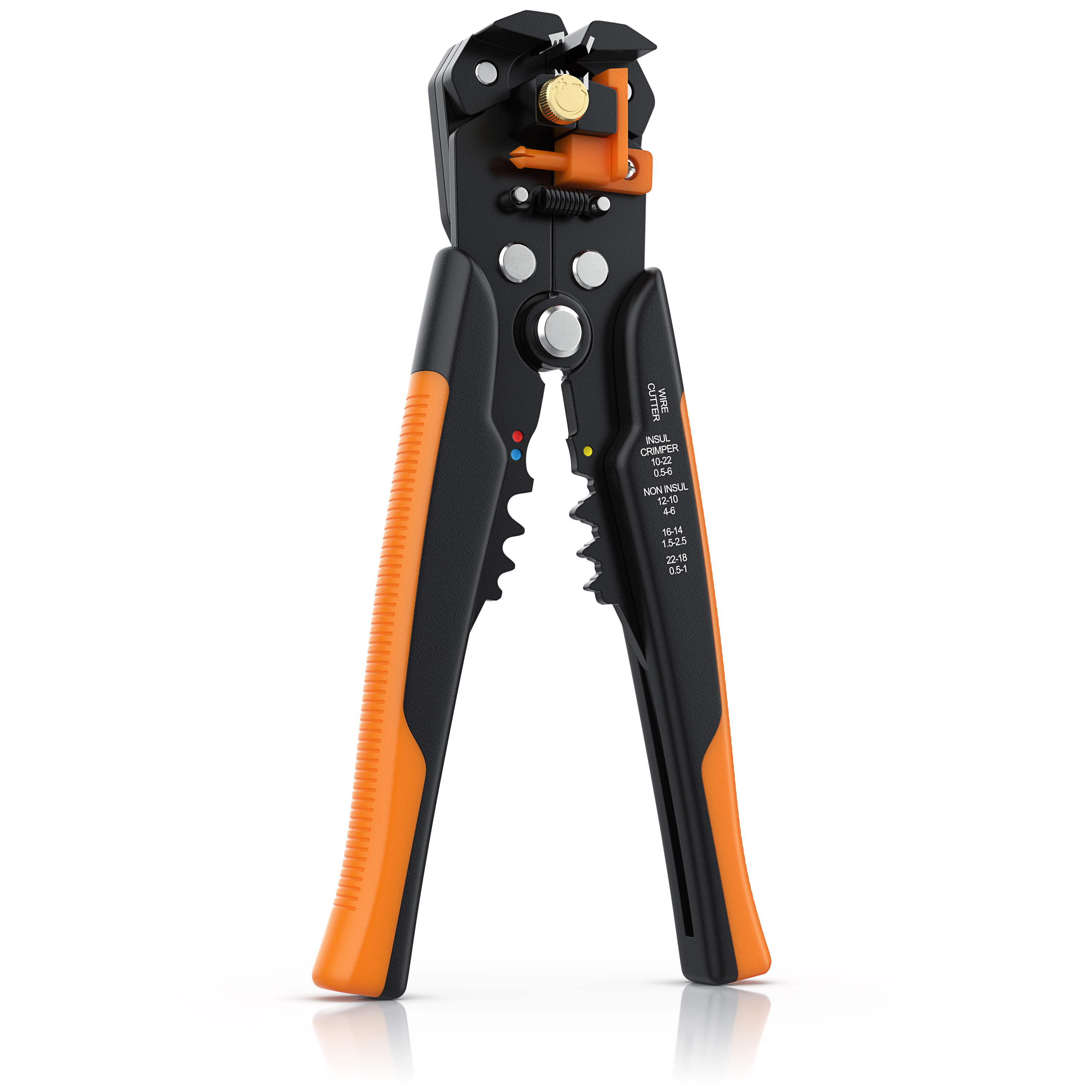 Brandson Abisolierzange mit schwarzen und orangefarbenen Griffen, integriertem Schneidewerkzeug und verschiedenen Einstellmarkierungen.