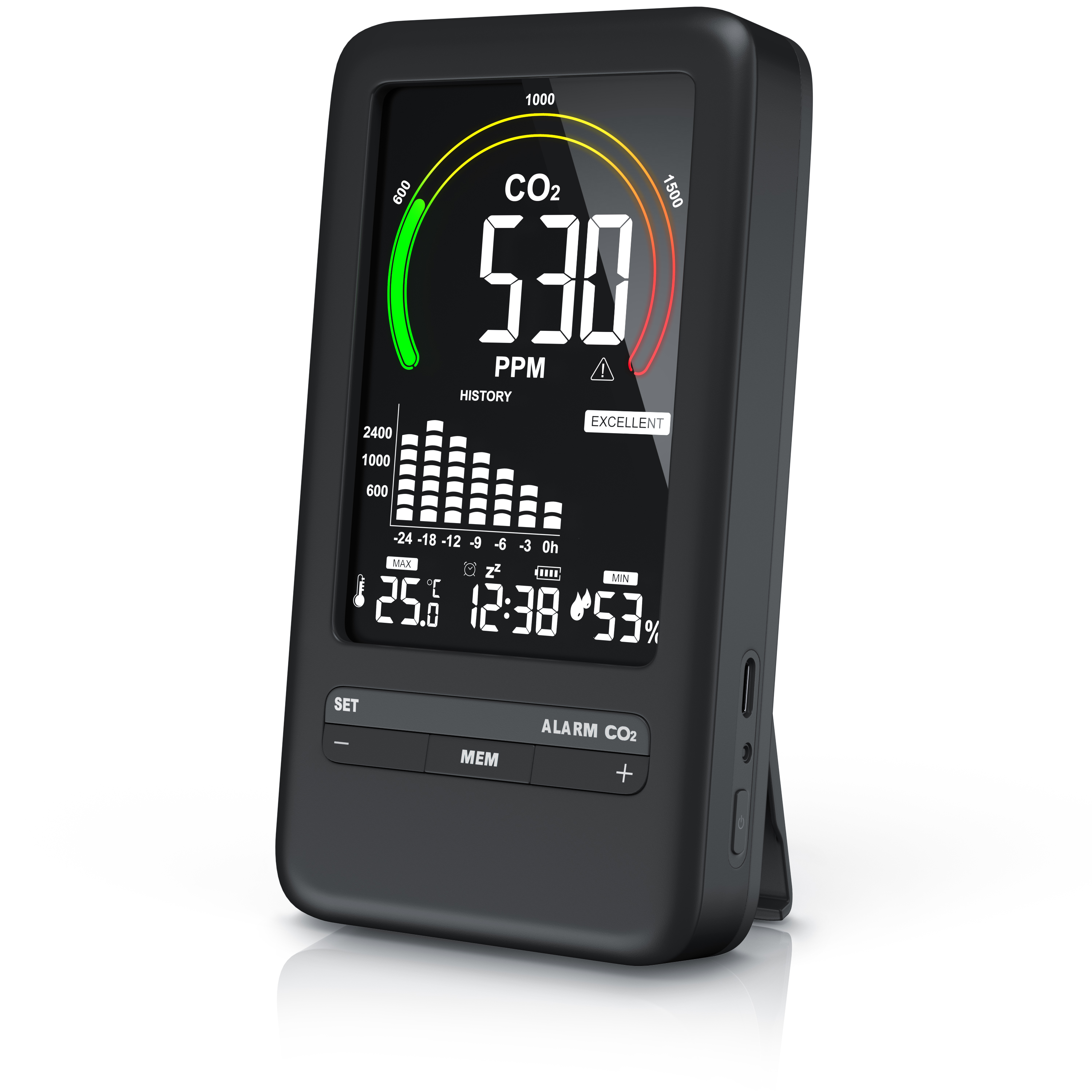 Brandson CO2-Messgerät mit großem Display, schwarzem Gehäuse, Anzeige für CO2-Werte, Temperatur und Luftfeuchtigkeit sowie Bedienelementen.
