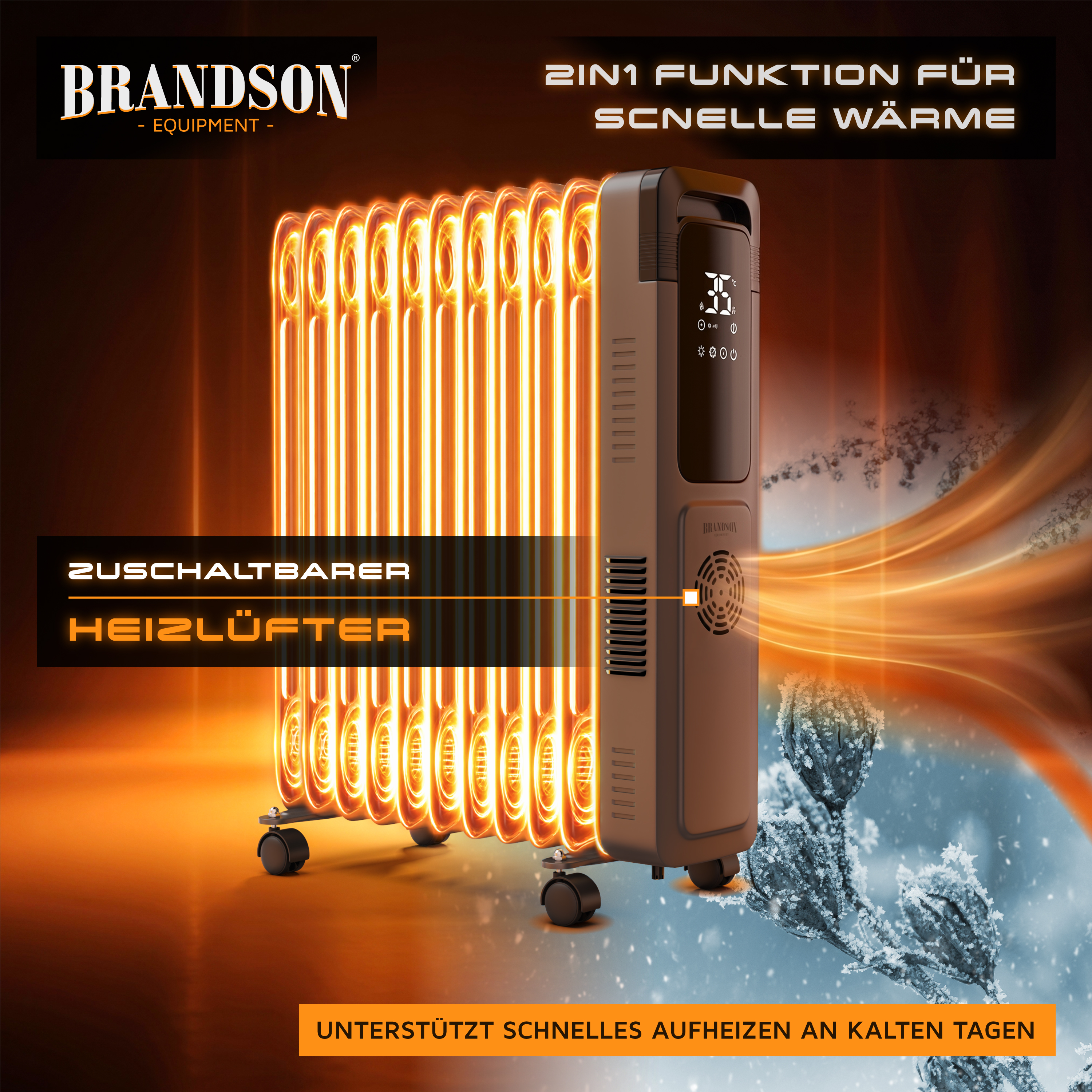 Ölgefüllter Heizkörper von Brandson in Dunkelgrau mit leuchtend orangefarbenem Heizelement, Digitalanzeige und integriertem Heizlüfter auf Rädern.