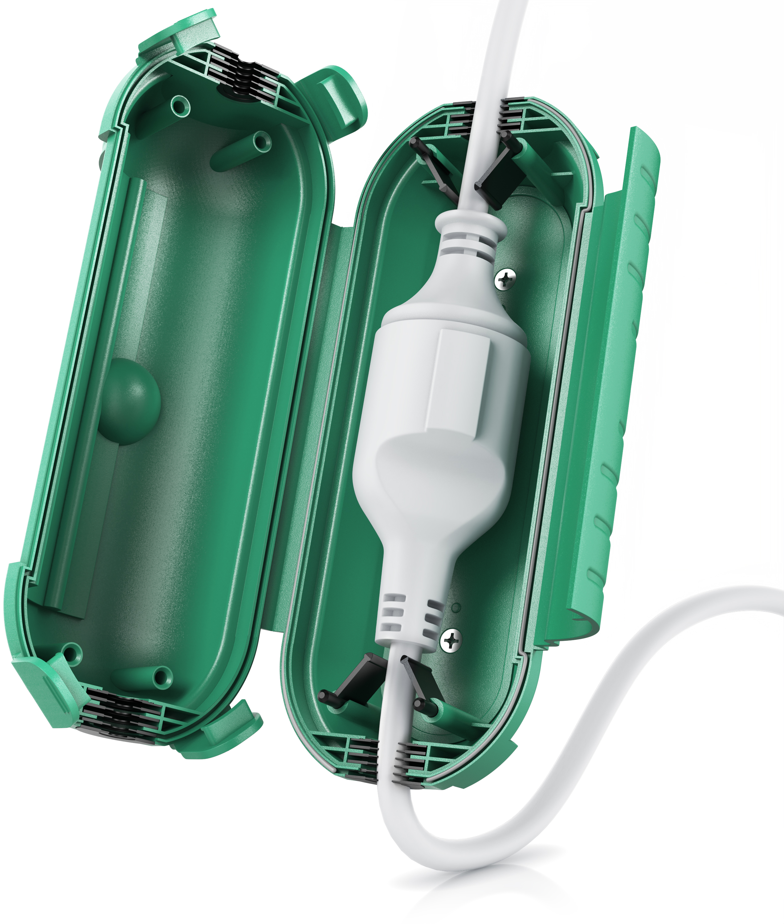 Brandson Schutzbox in grün mit offenem Deckel, zeigt eine Steckdose und Kabel, ideal für den Außenbereich.
