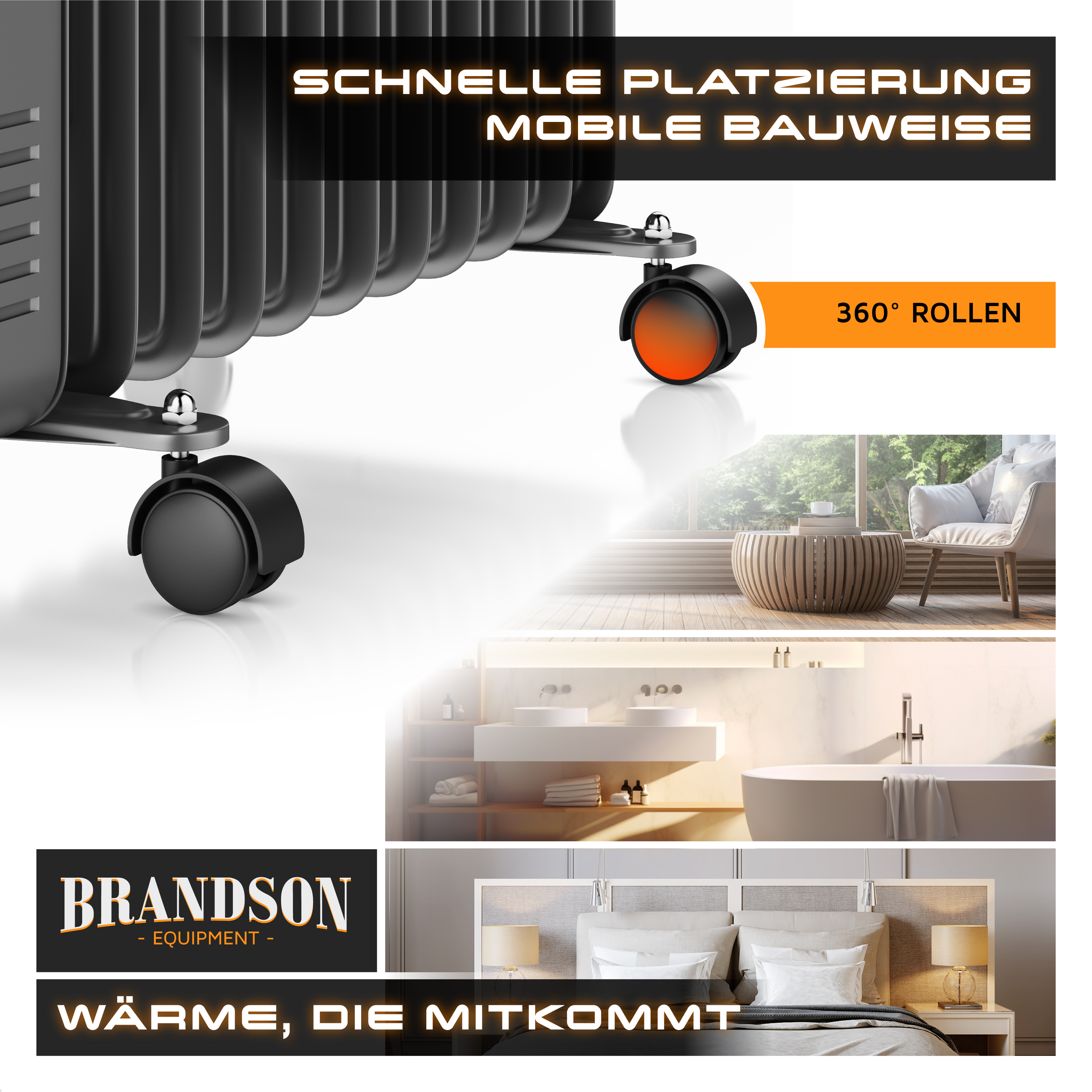 Detailansicht des Brandson-Ölkühlers mit schwarzem Lamellendesign und 360-Grad-Lenkrollen für Mobilität in verschiedenen Wohnräumen.