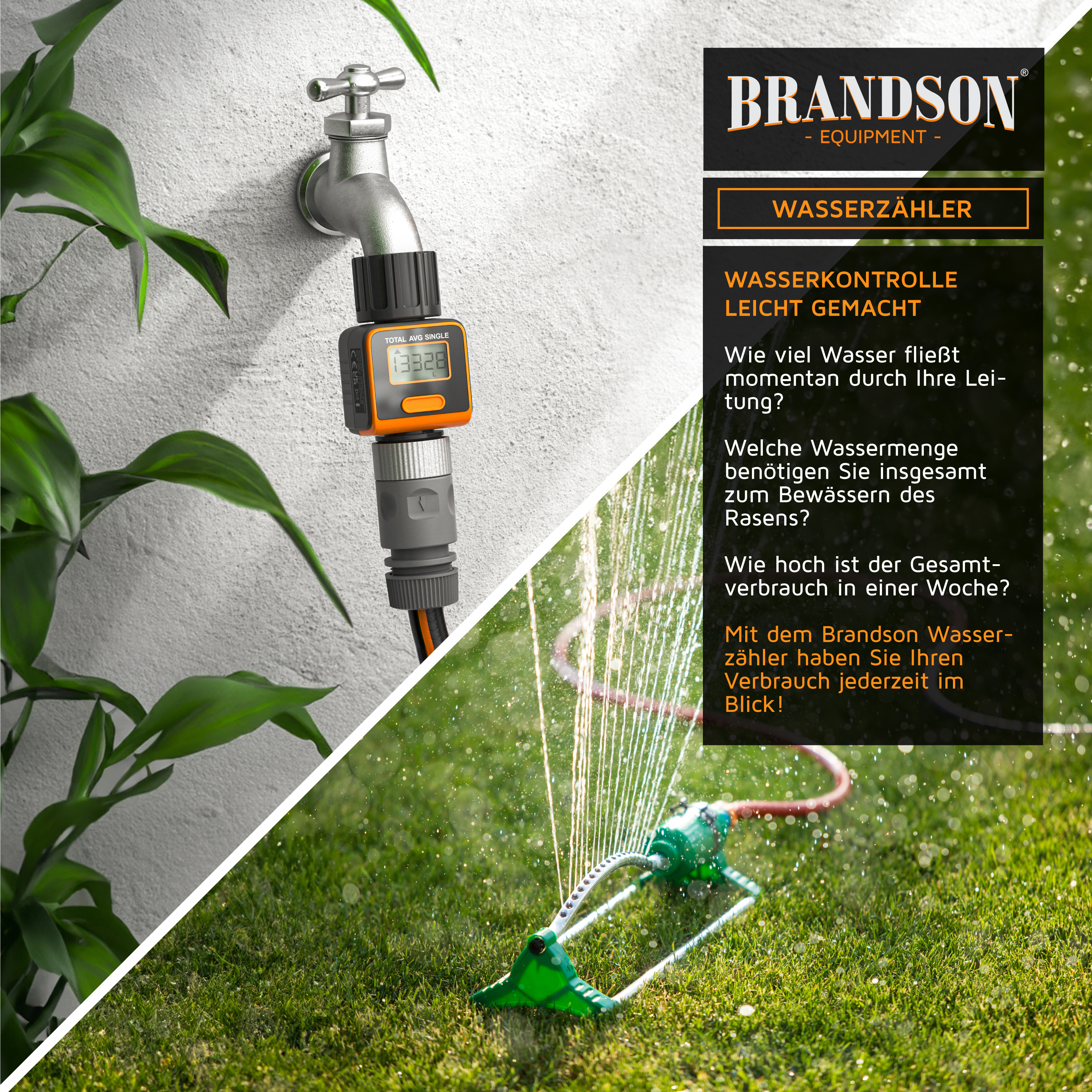 Brandson Wasserzähler mit digitalem Display, montiert an einem Wasserhahn, zur Kontrolle des Wasserverbrauchs beim Bewässern.