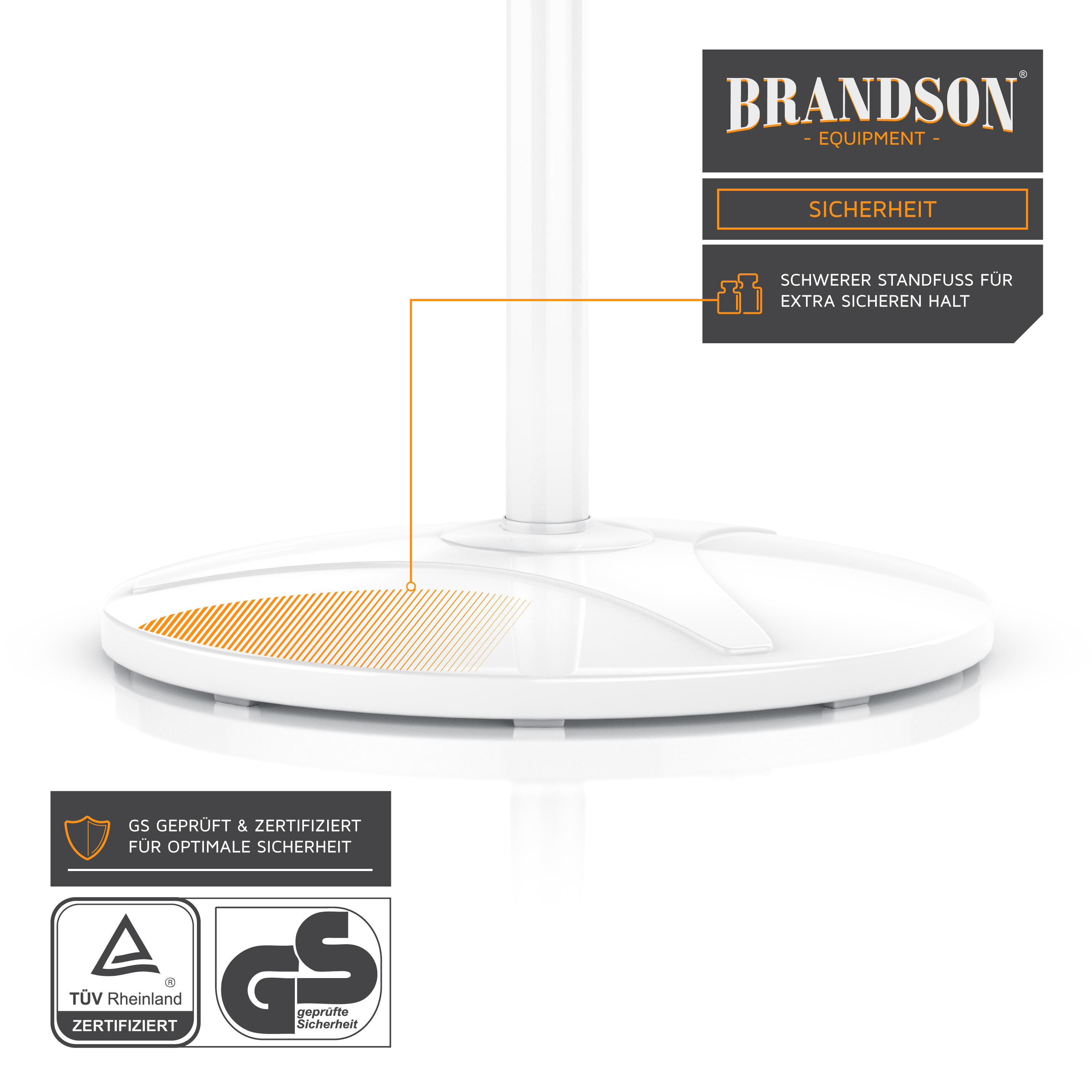 Brandson Standventilator mit schwerem Standfuß für sicheren Halt, in Weiß mit orangefarbenen Akzenten und glattem Design.