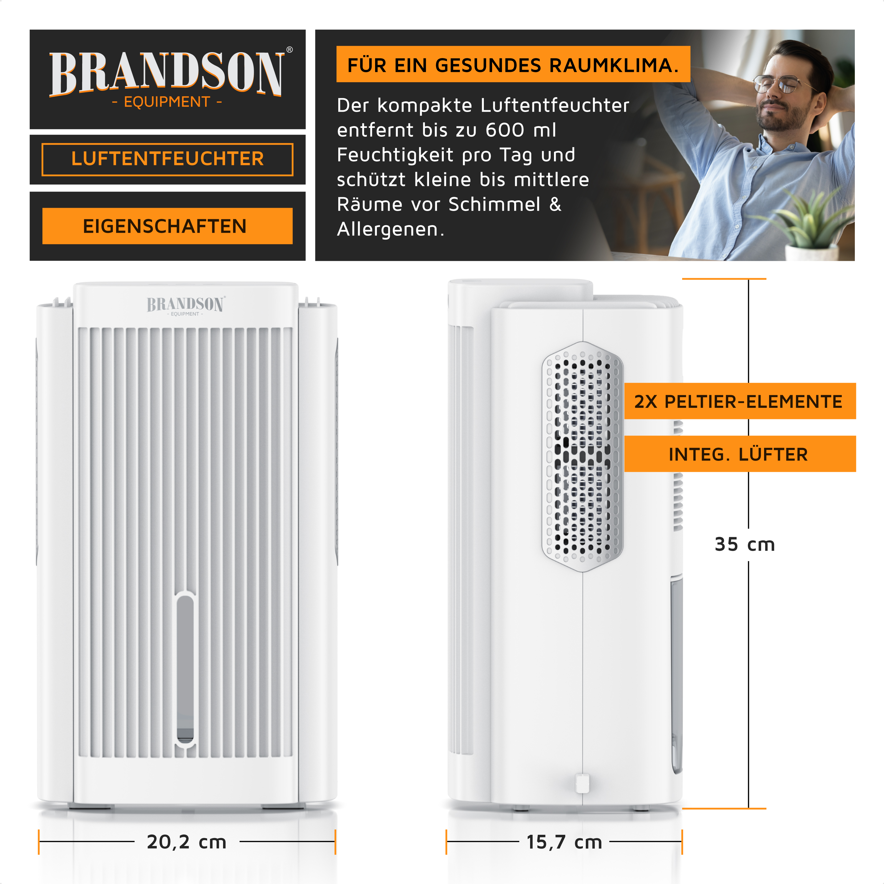 Brandson Luftentfeuchter in kompakter Bauform, weiß mit seitlichen Lüftungsschlitzen und integriertem Lüfter, ideal für kleine bis mittlere Räume.