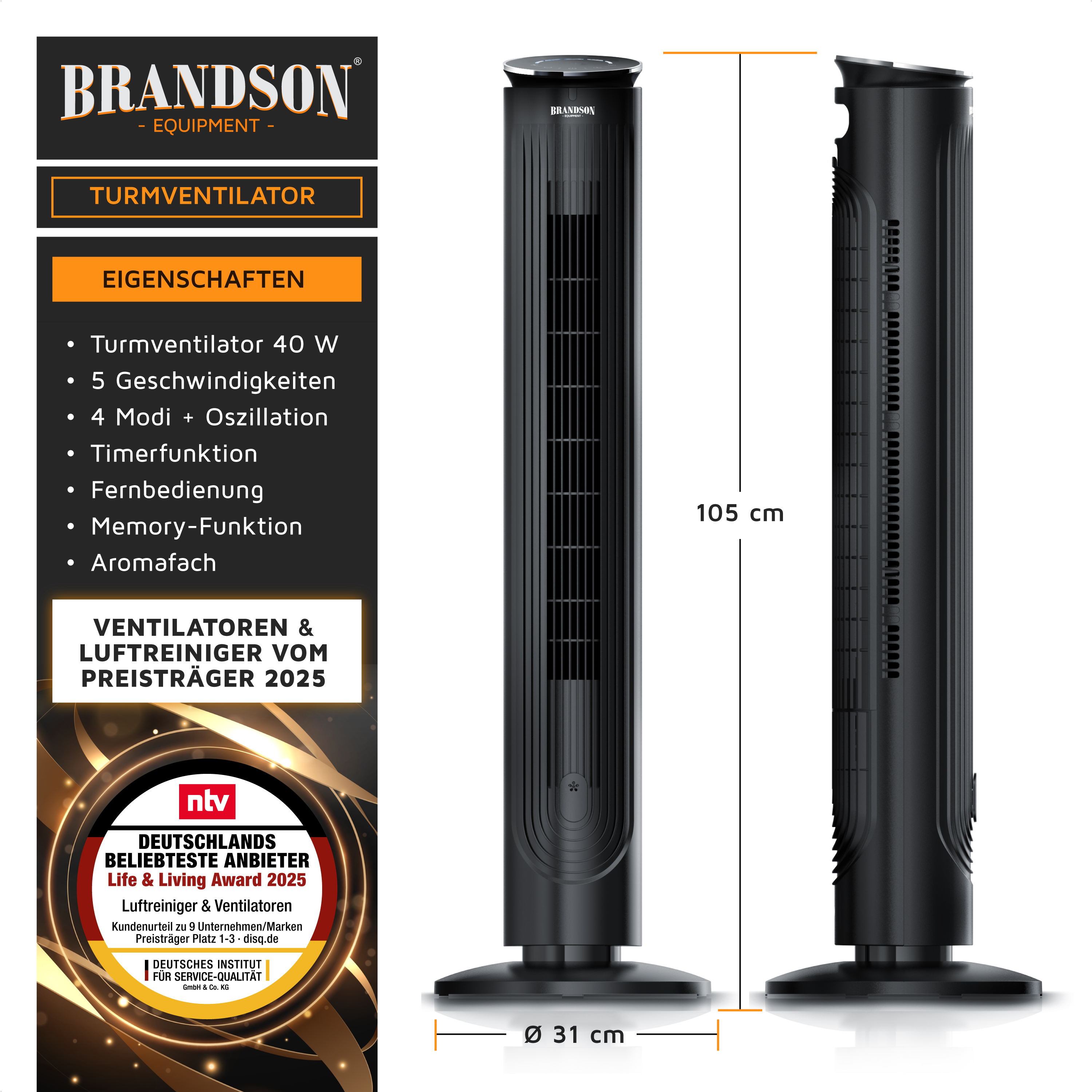 Brandson Turmventilator in Schwarz mit elegantem Design, Fernbedienung, Timerfunktion und Oszillationsmodus.