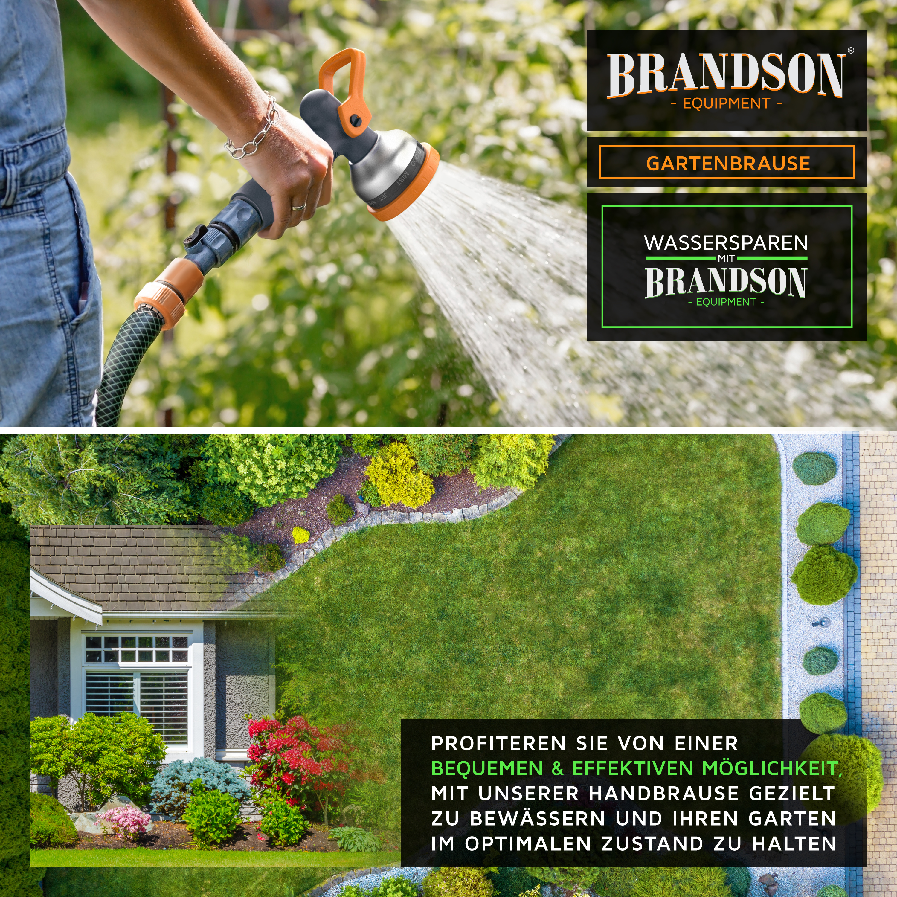 Brandson-Gartenschlauchdüse mit orangefarbenen Akzenten, in der Hand gehalten, Wasser in einer Gartenumgebung versprühend.