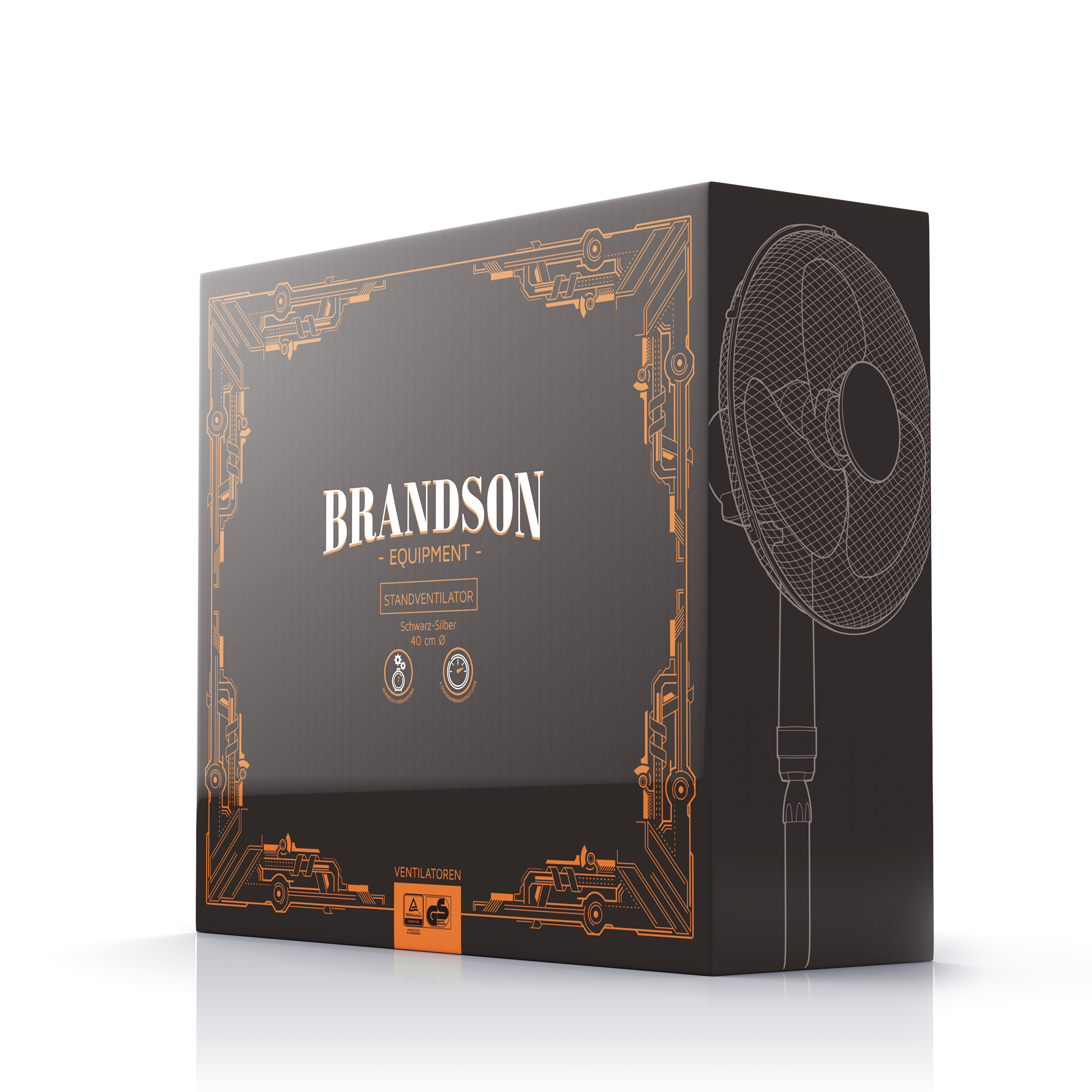 Brandson Standventilator in schwarzem und silbernem Design, verpackt in einer attraktiven Box mit technischen Informationen.
