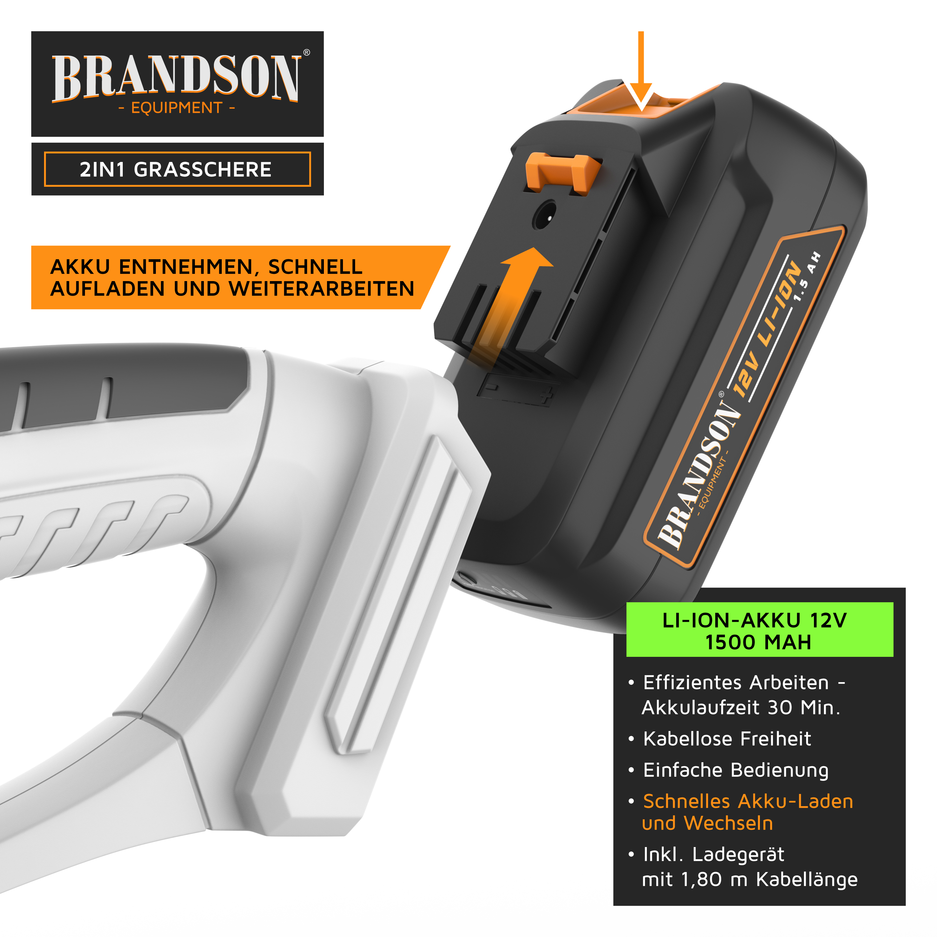 Brandson 2-in-1-Grasschere mit abnehmbarem 12-V-Lithium-Ionen-Akku für effizienten kabellosen Betrieb und einfache Handhabung.