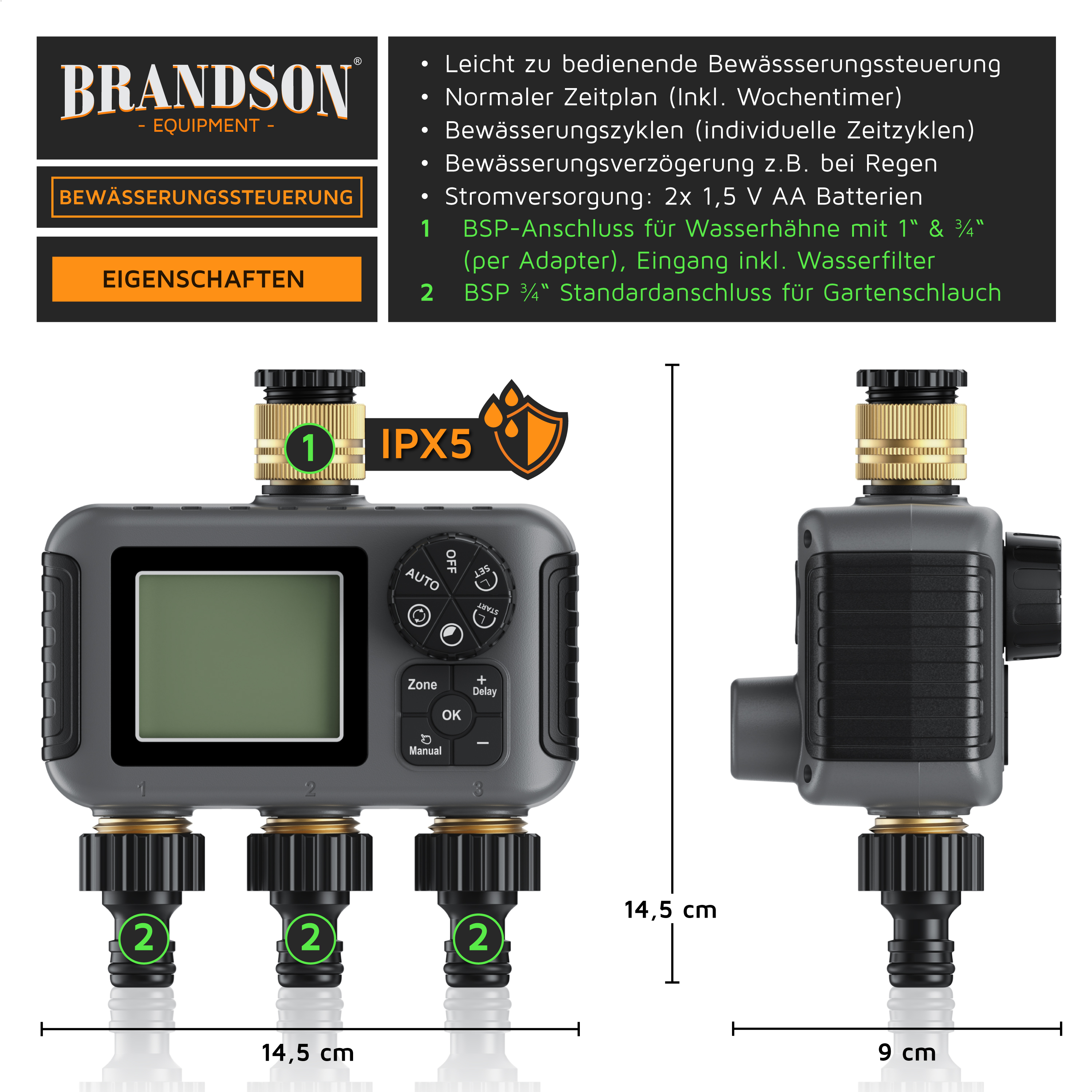 Brandson Bewässerungssteuerung mit großem Display, mehreren Anschlüssen und Bedienfeld, geeignet für Gartenbewässerung.