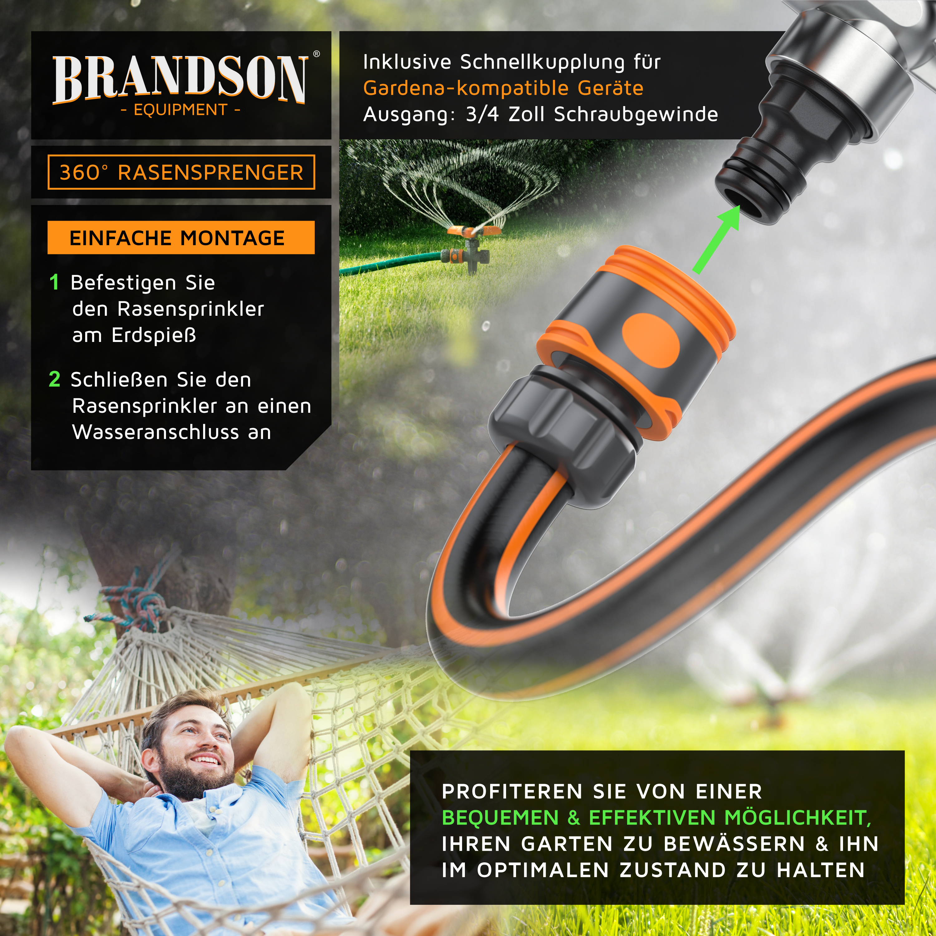 Brandson 360° Rasensprenger mit Schnellkupplung, im schwarz-orangen Design, passend für Gardena-kompatible Geräte.