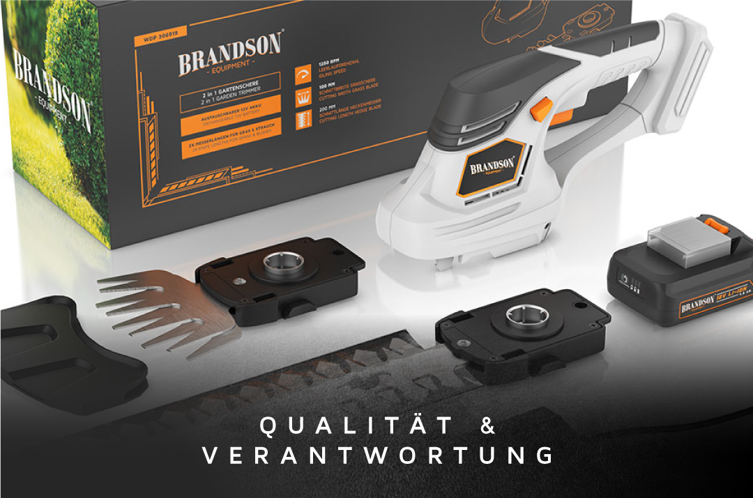 Brandson 2-in-1 Gartenschneider mit ergonomischem Griff, Akku und verschiedenen Aufsätzen in der Verpackung.