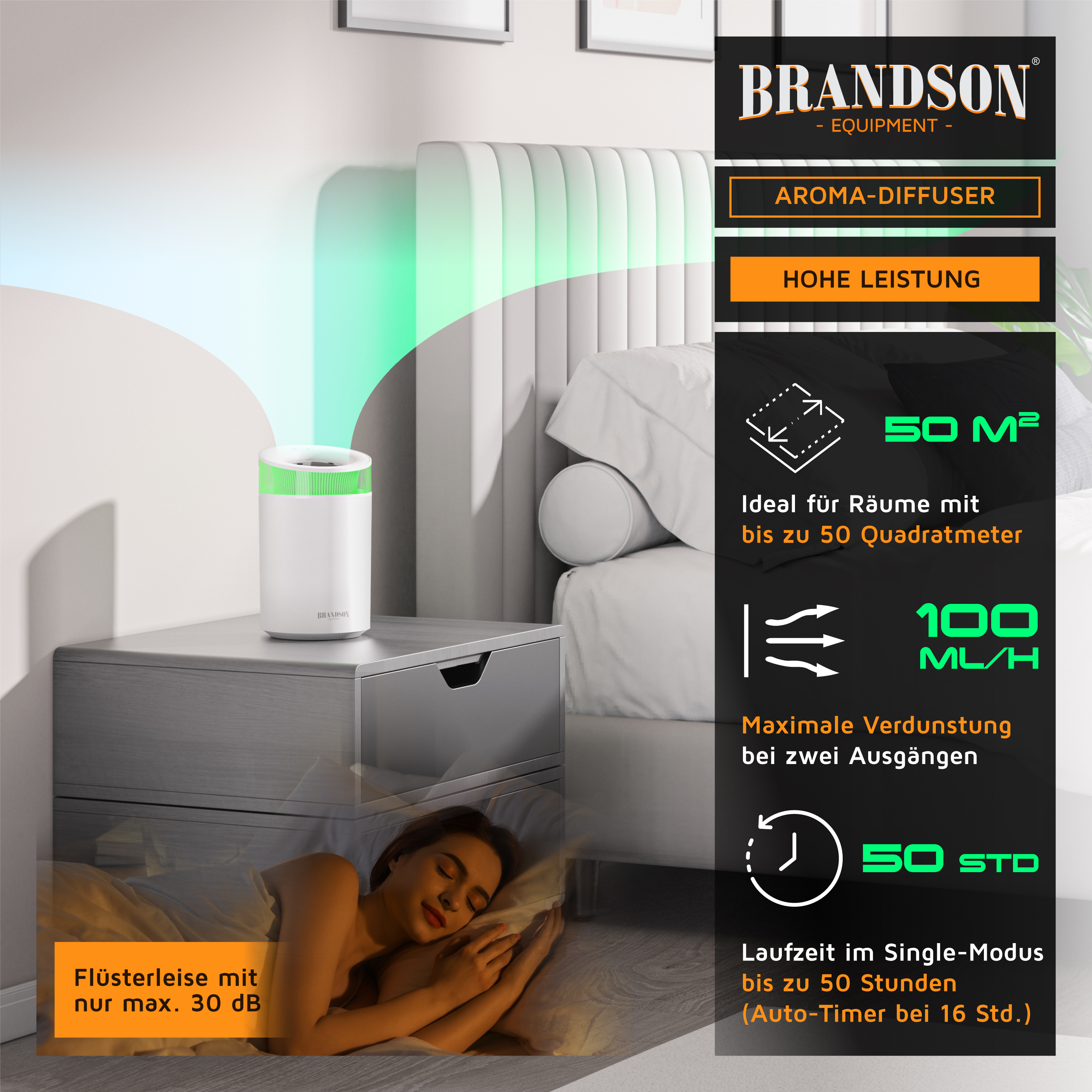 Brandson Aromadiffusor in Weiß mit grünen Akzenten, platziert auf einem Nachttisch, verströmt Nebel in einem gemütlichen Schlafzimmerambiente.