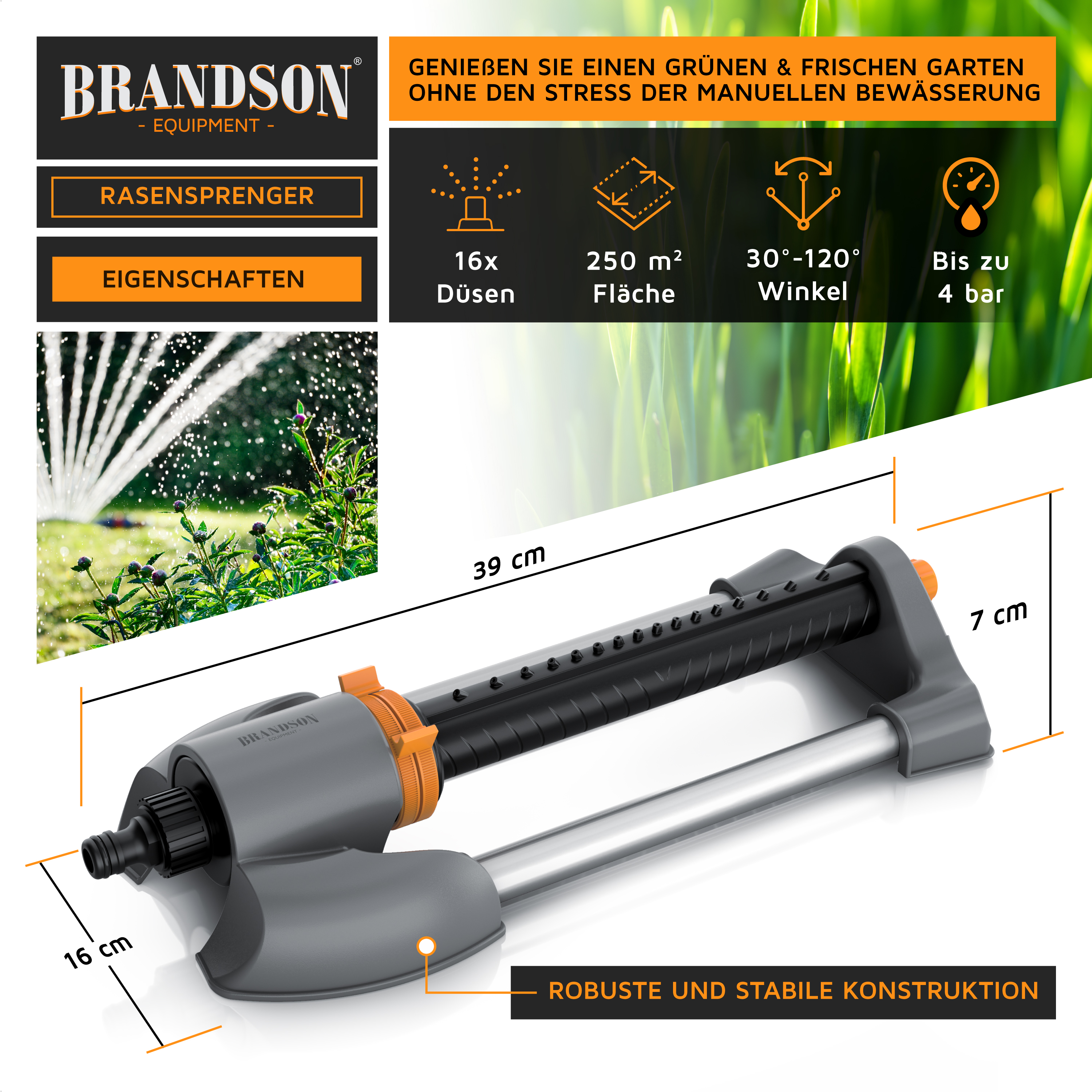 Brandson Rasensprenger mit robuster Konstruktion, 16 Düsen und verstellbarem Sprühwinkel für bis zu 250 m² Fläche.