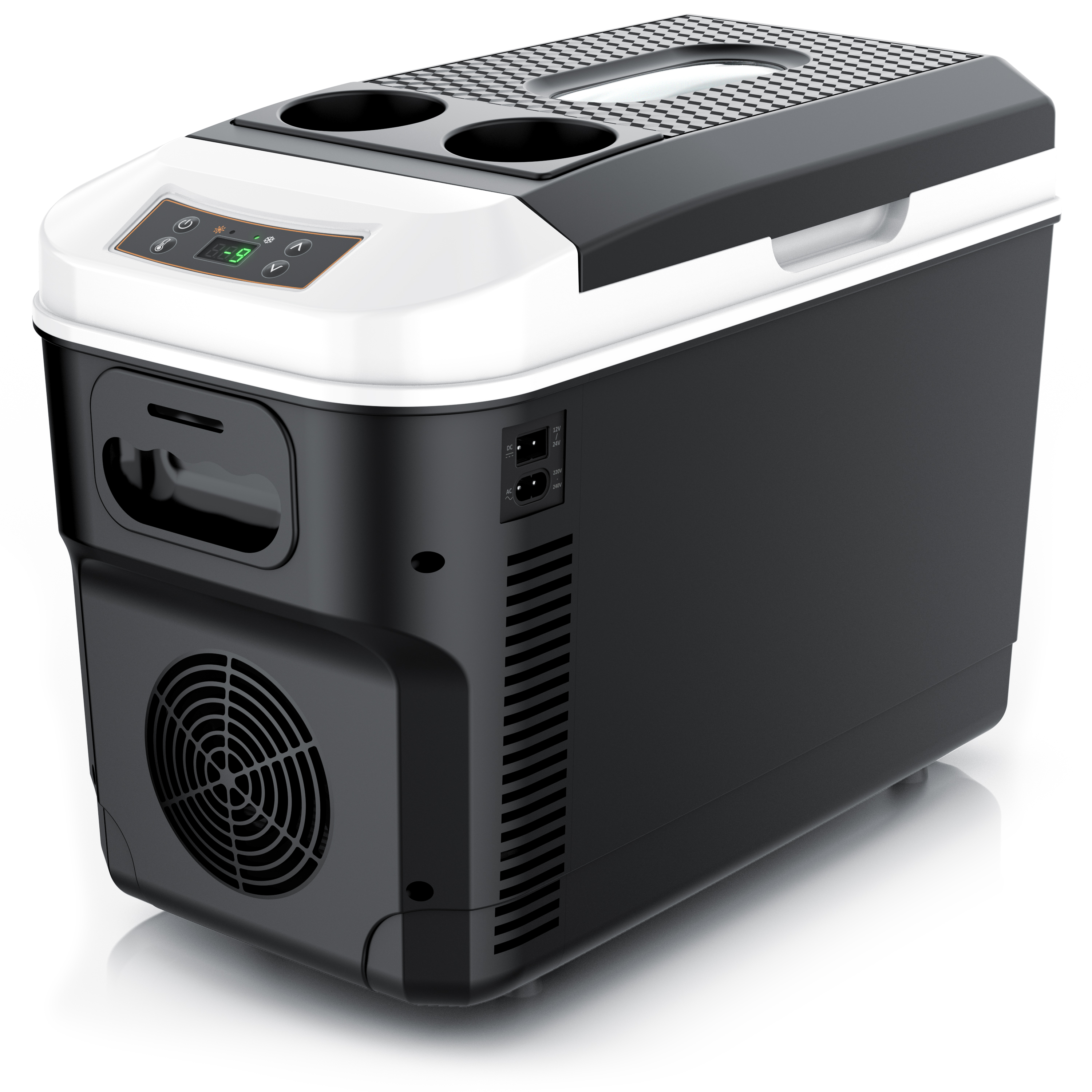 Mobile Brandson Kühlbox im Schwarz-Weiß-Design mit LCD-Display, orangefarbenen Akzenten und zwei Tassenhaltern auf der Oberseite.